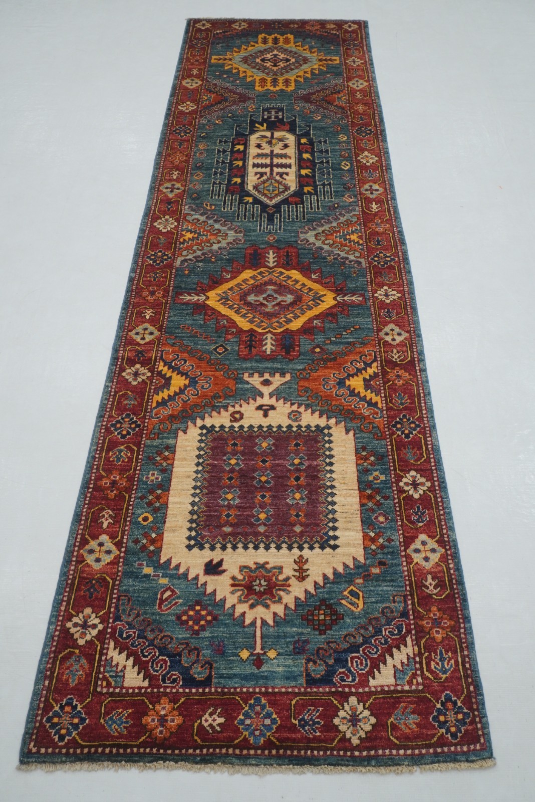 3x10 ft Green Malayer Afghan Hand knotted Oriental Runner Rug