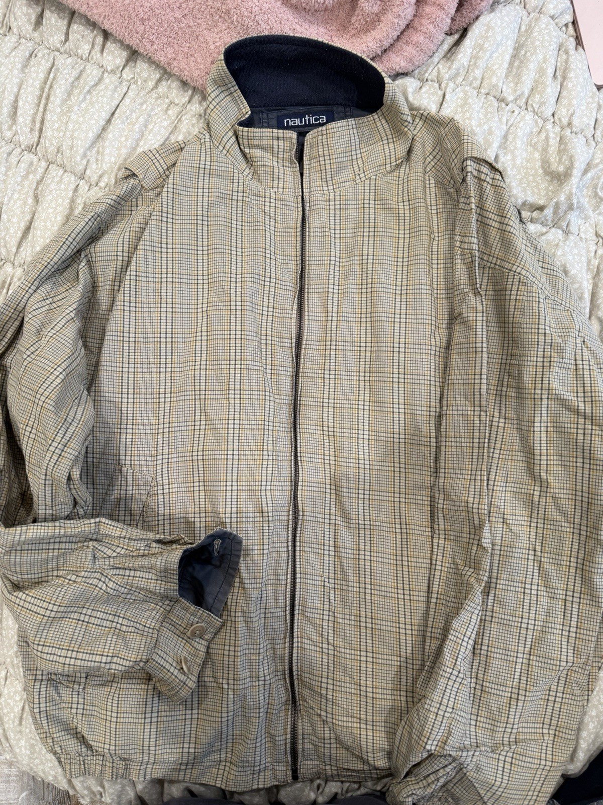 Nautica Men\'s L Beige/Blue Plaid Full Zip Jacket Stand-Up Collar Short Logo