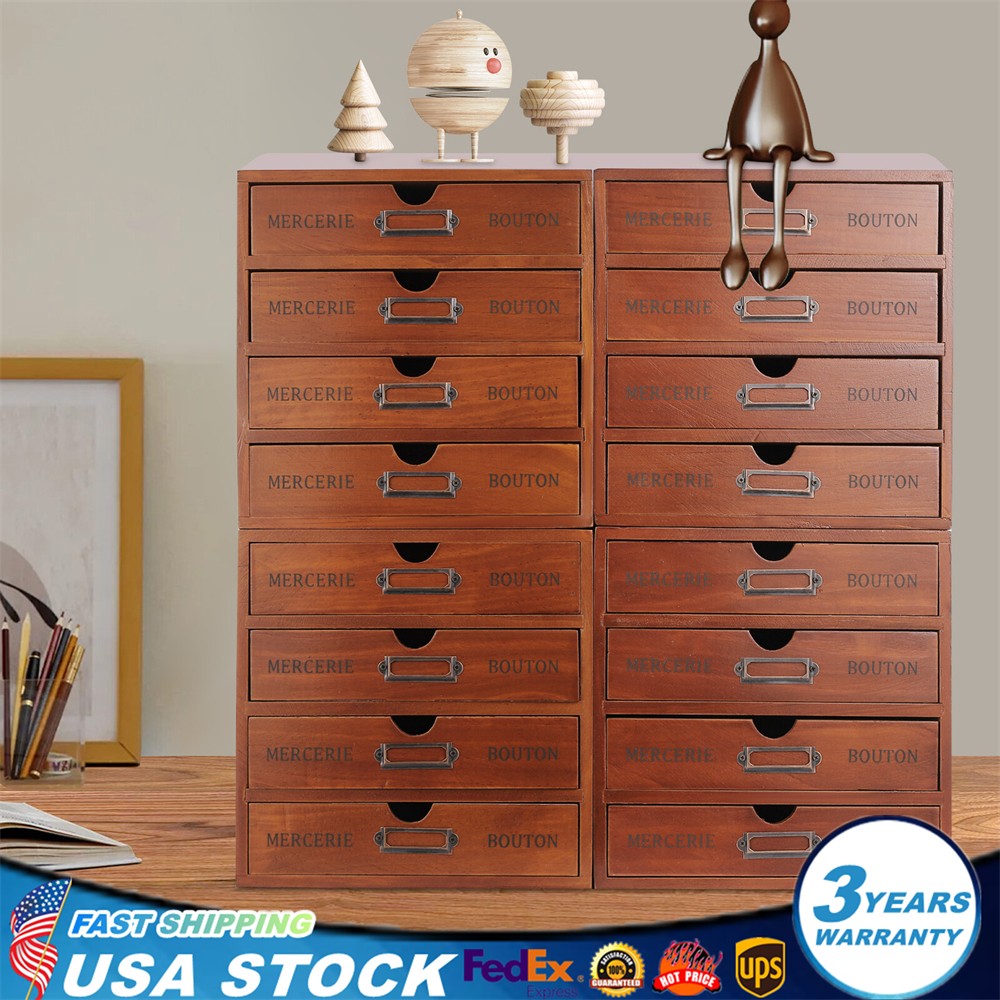 4PC Vintage Wooden Apothecary Cabinet 4 Drawer Card Catalog Desk Organizer Brown
