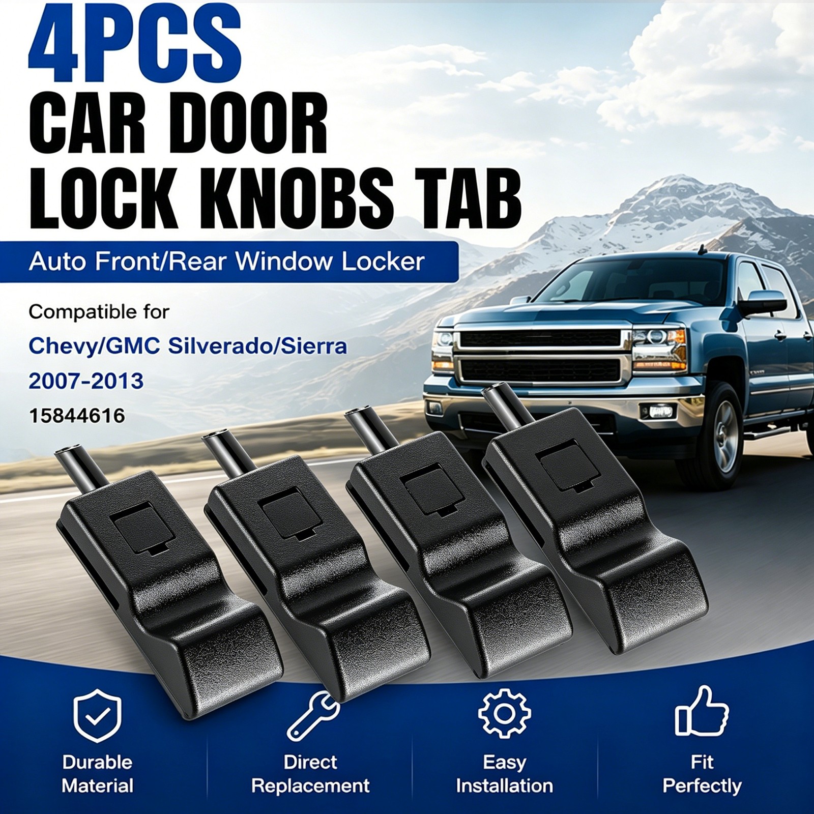 4PCS Door Lock Knobs Front/Rear Ebony For Chevy/GMC Silverado/Sierra 07-13 Black