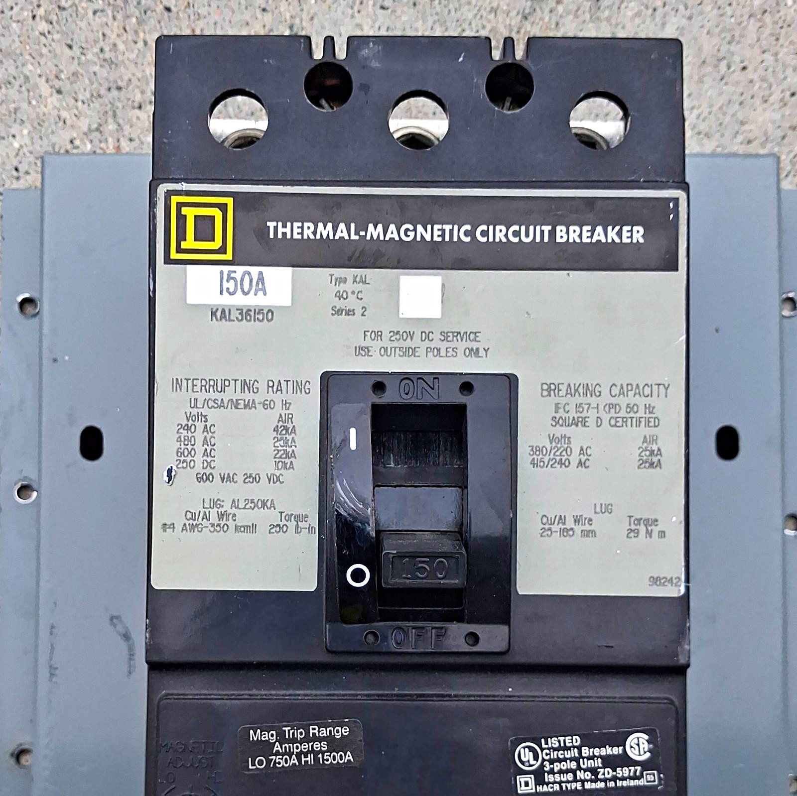 Square D KAL36150 Thermal-Magnetic Circuit Breaker 150A 3-Pole 600VAC Type K