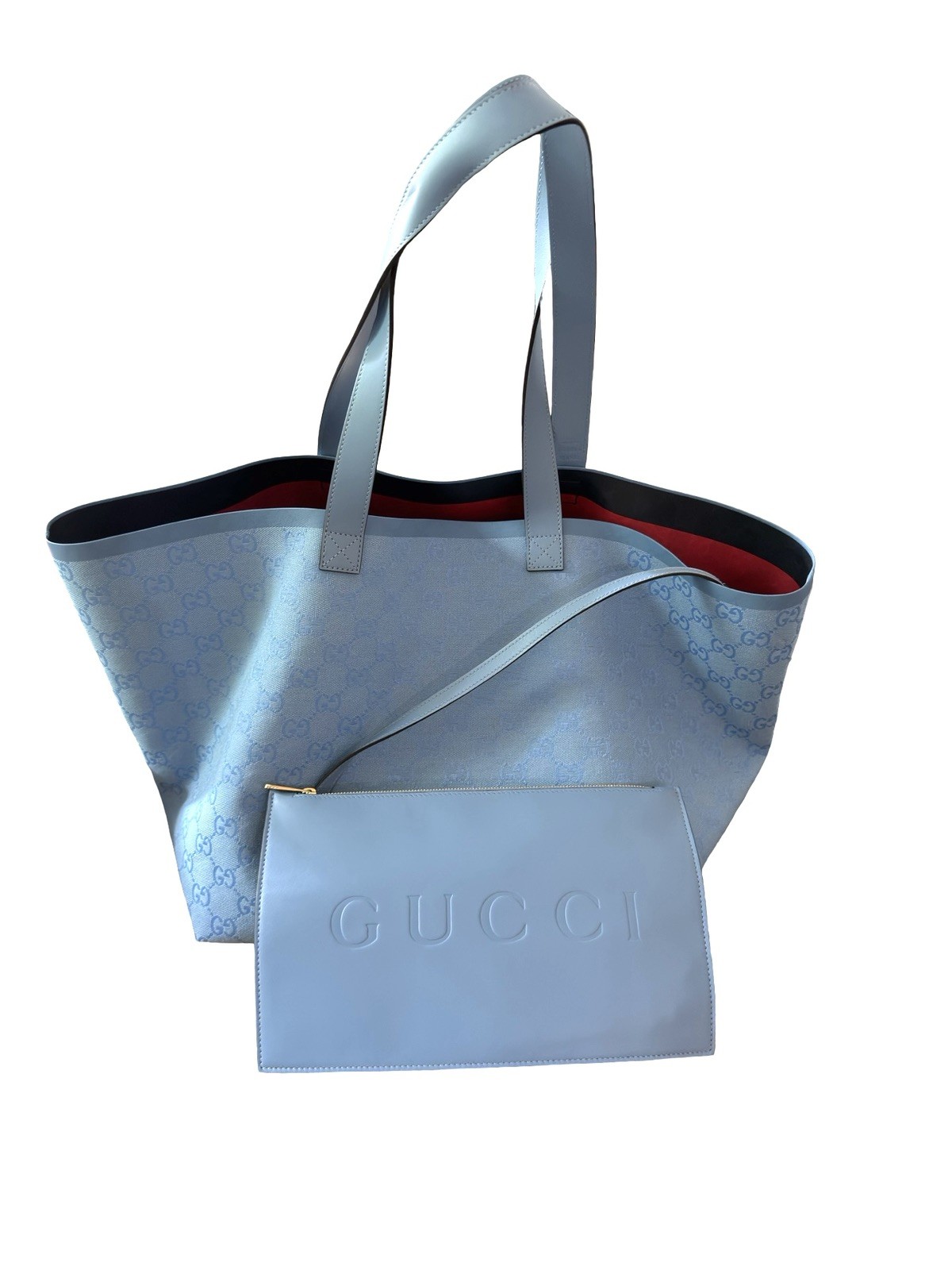 BNWT Authentic GUCCI light blue XXL shopper tote bag w web strap & int bag