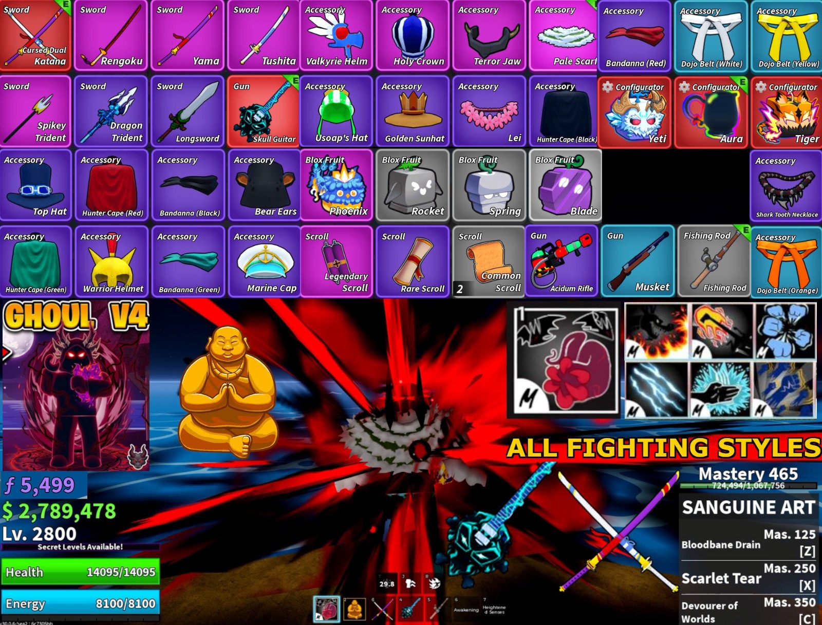 Blox Fruit Ghoul V4 Sanguine Godhuman DragonTalon CDK SkullGuitar Buddha Fruits