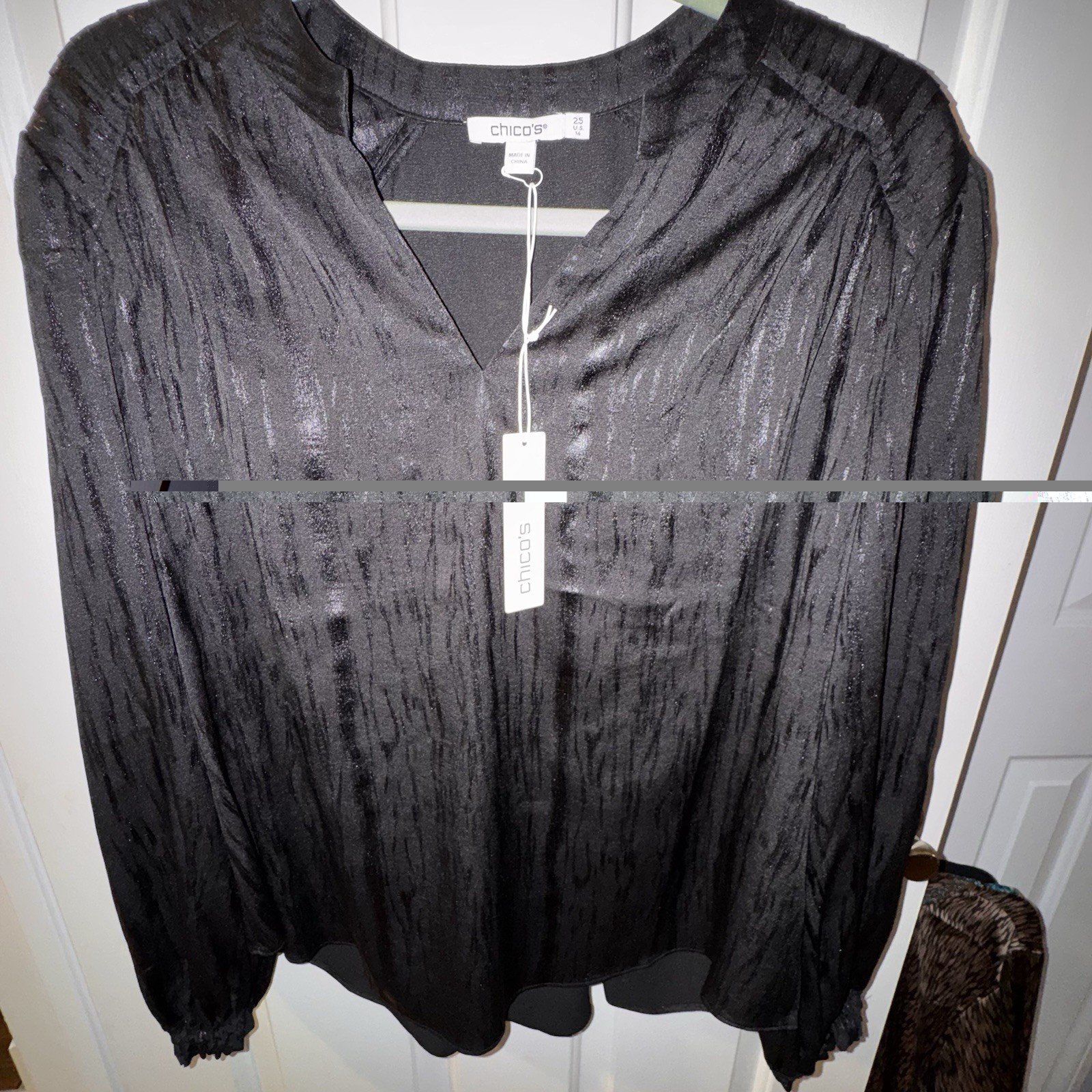 Chicos Black Pleated Silver Thread  NWT Sheer Shimmer Ruffle Top Size 2.5