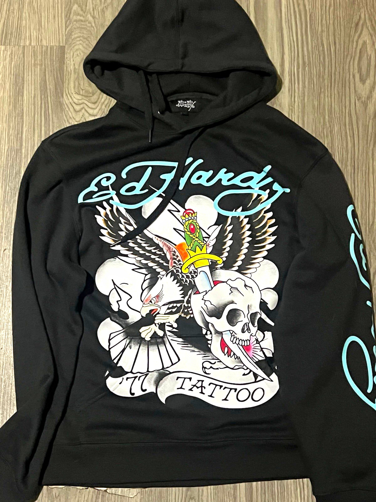 Ed Hardy Men\'s L Black Pullover Hoodie Cotton Fleece Skull Tattoo Graphic