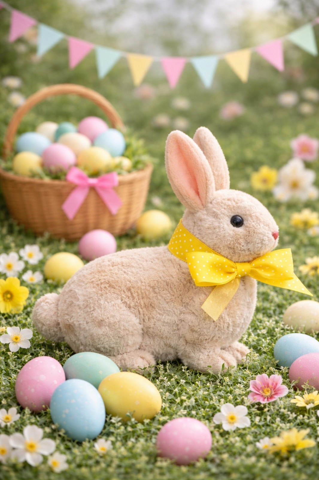 Vintage Flocked Easter Bunny Rabbit Yellow Ribbon 8\