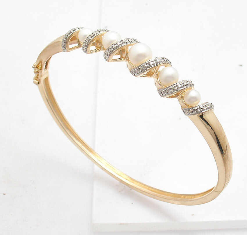Technibond Diamond & Pearl Hinged Bangle Bracelet 14K Yellow Gold Plated Silver 