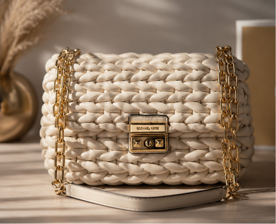Michael Kors Tribeca Large Chain Shoulder Bag Birch Woven Leather Gold Hardware