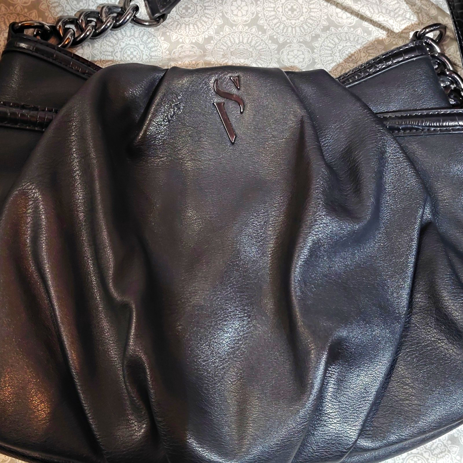 Simply Vera Vera Wang Black Faux Leather Hobo Shoulder Bag Ruched Slouchy Purse