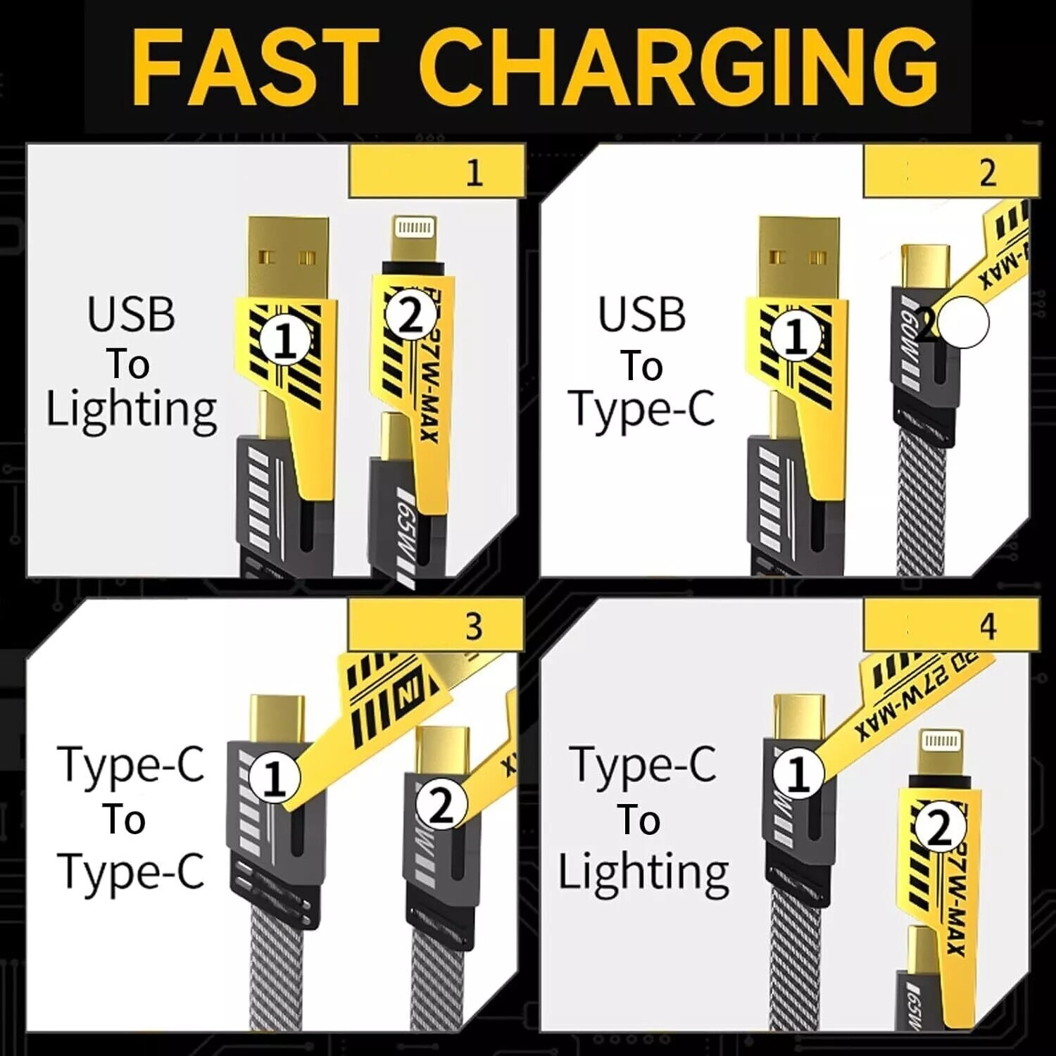 4 in 1 Type-C Cable Fast Charging Cable For Samsung S24 S25 iPhone 14 15 Pro