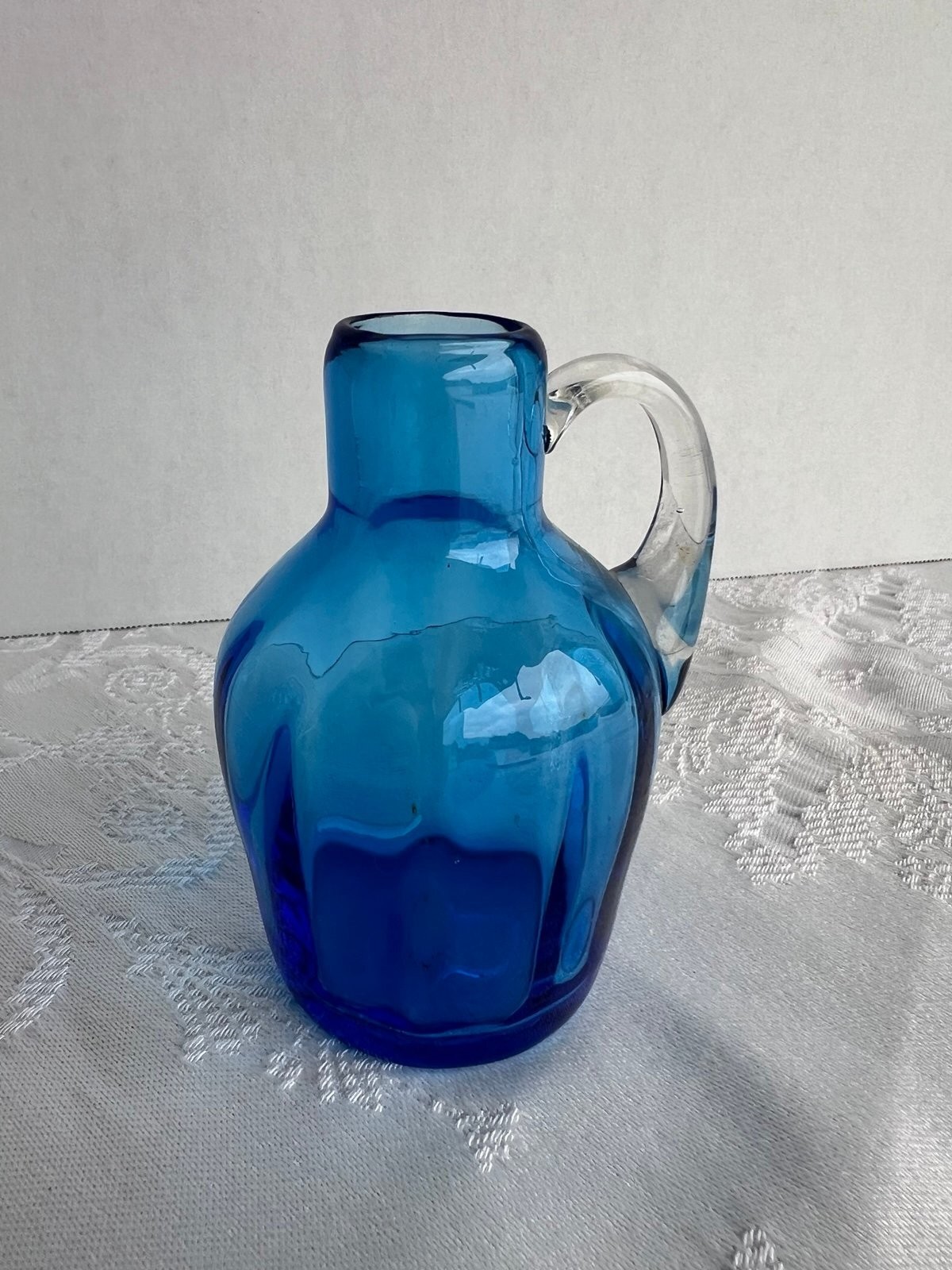 Vintage Pilgrim Glass Cobalt Blue Mini Pitcher Clear Handle Hand Blown 4”