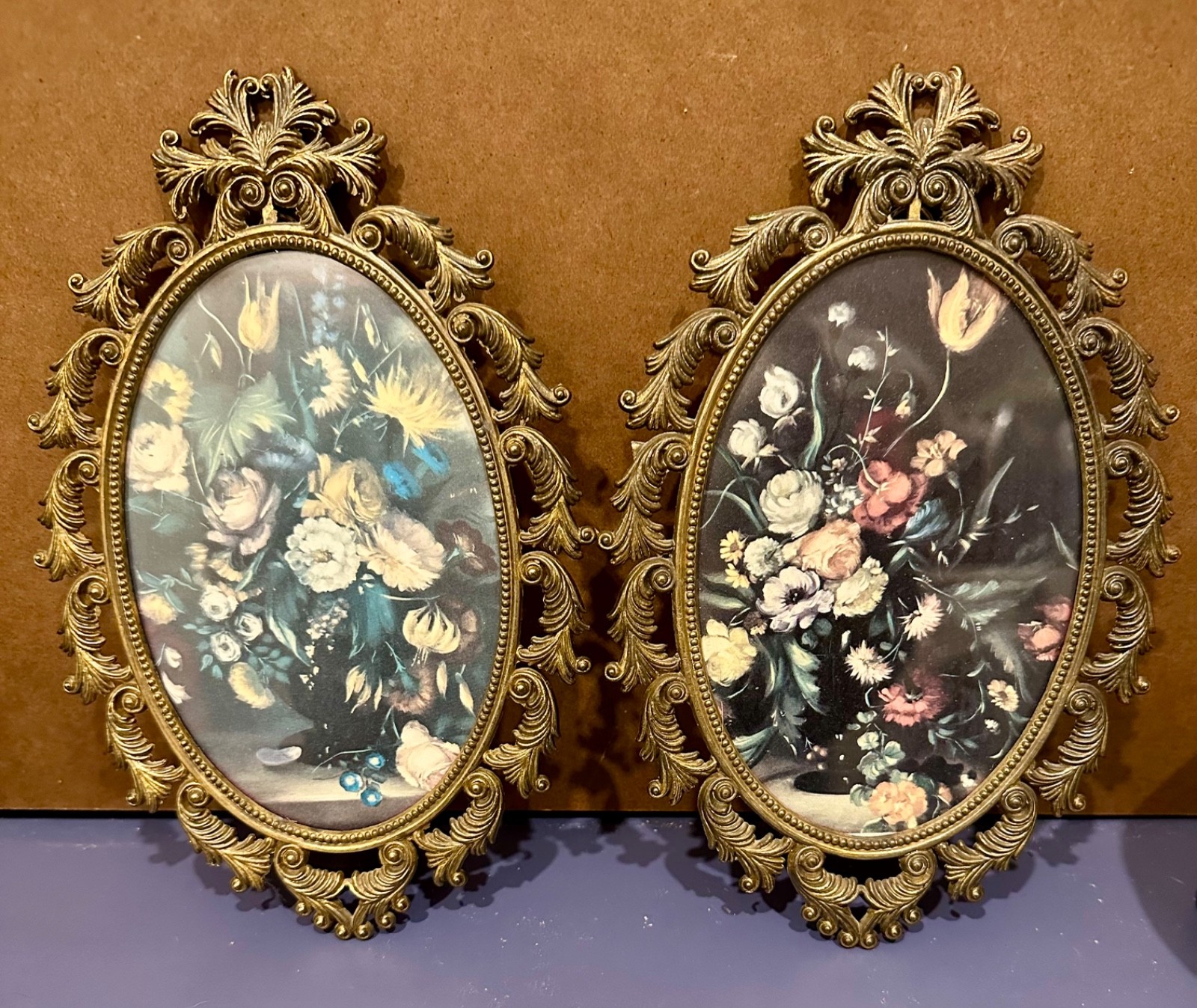 2 Vintage Italian FB Reguitti 8” Ornate Brass Glass Floral Oval Picture Frames