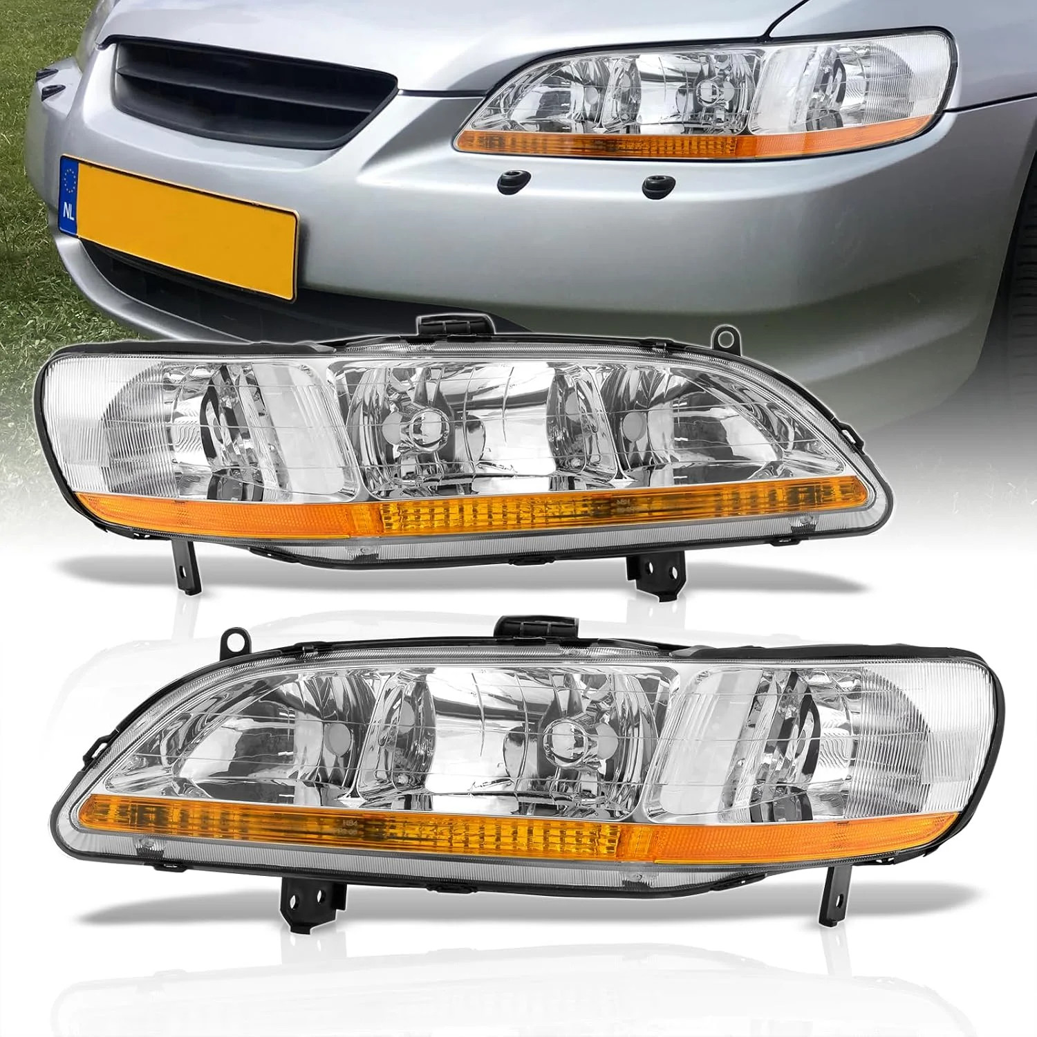 DriveForge For 1998-2002 Honda Accord Chrome Amber Headlights Left+Right Pair