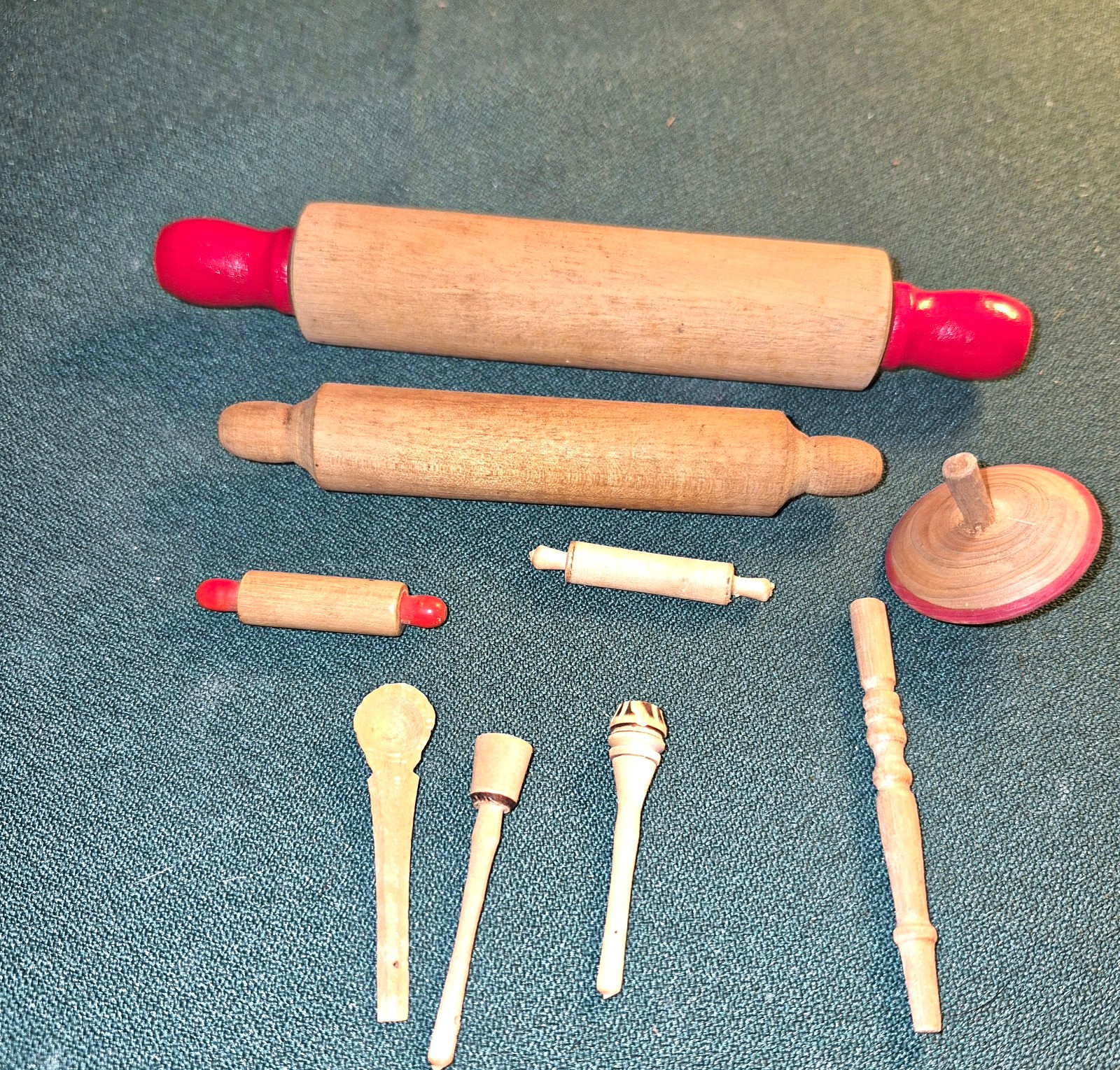 Vintage Wooden Spinning Top w/ Mini Rolling Pins & Small Wood Toy Lot Vintage Wooden Spinning Top w/ Mini Rolling Pins & Small Wood Toy Lot