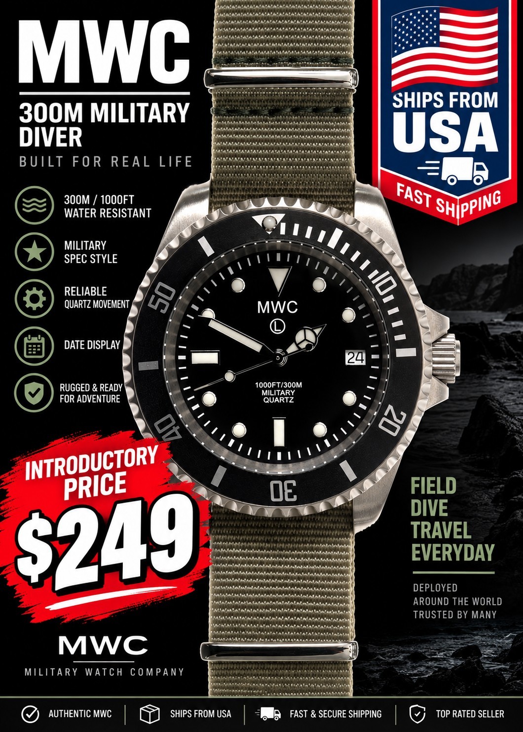 MWC 300M Stainless Steel Quartz Military Diver 40mm Sapphire 10-Year Battery MWC 300M Stainless Steel Quartz Military Diver 40mm Sapphire 10-Year Battery