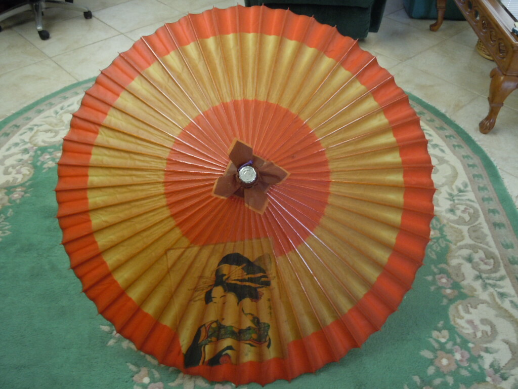 VINTAGE JAPANESE GEISHA GIRL HEAVY RICE PAPER & BAMBOO? PARASOL 43