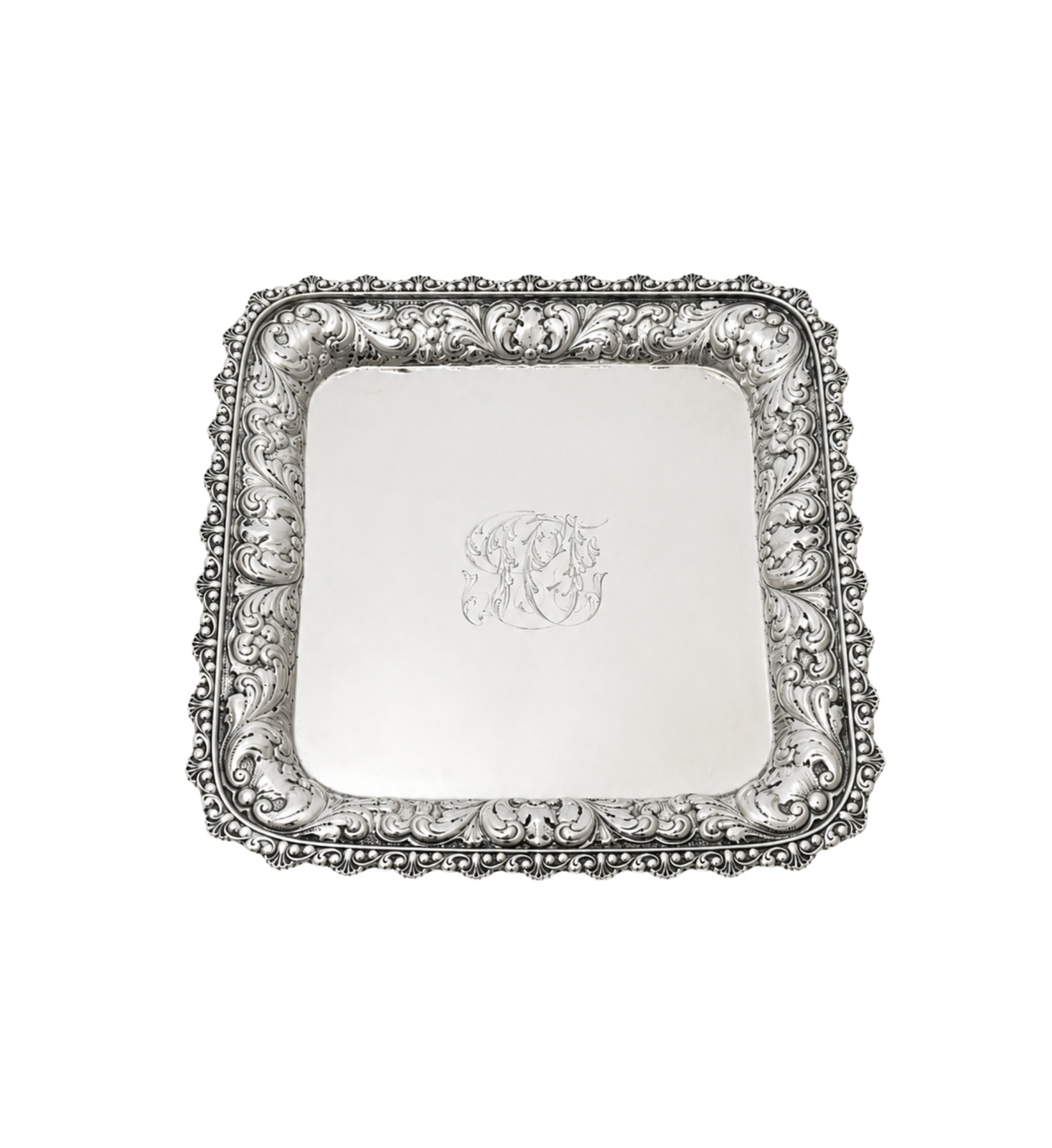 ANTIQUE DOMINICK & HAFF 925 STERLING SILVER HANDMADE REPOUSSÉ SQUARE TRAY