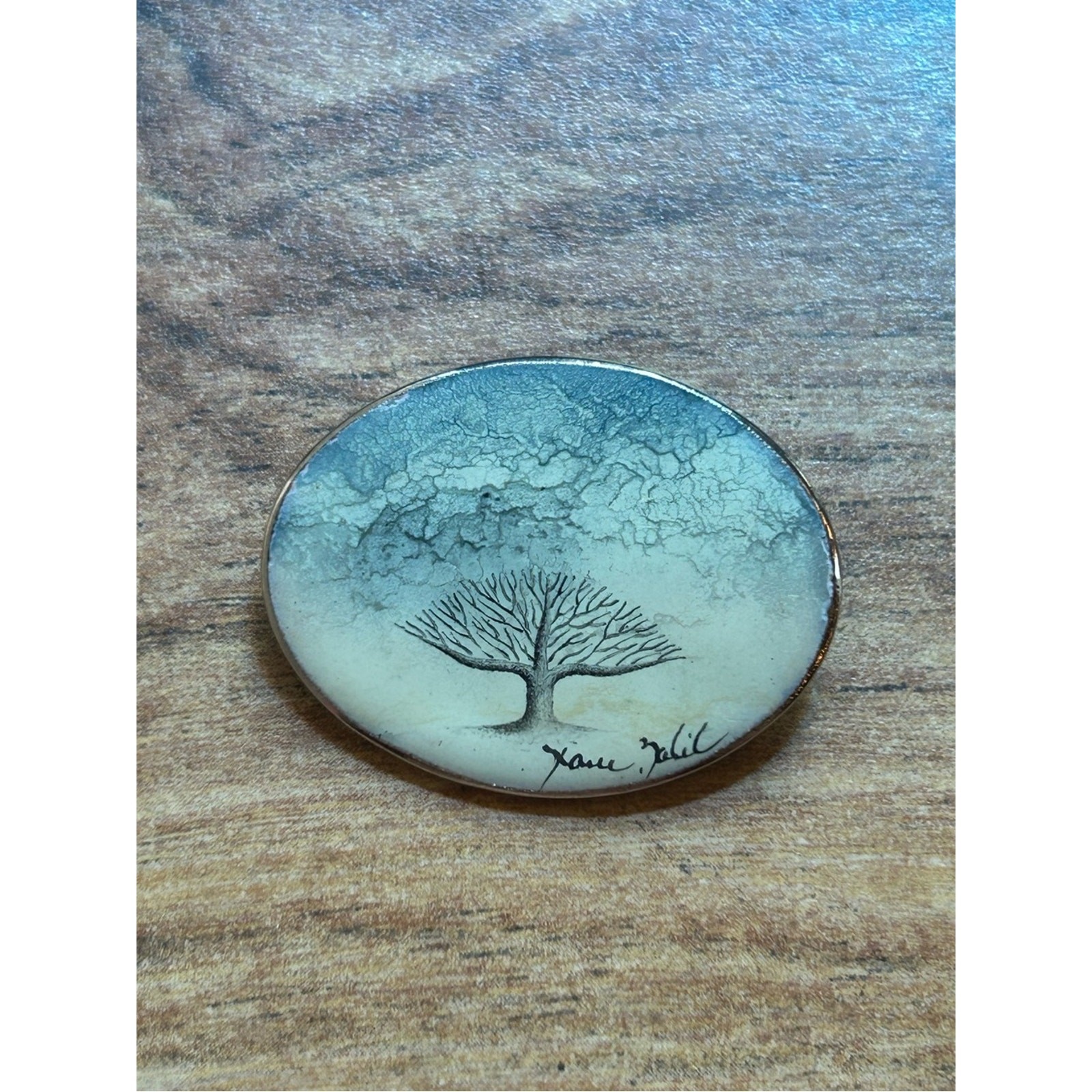 Vintage Diane Balit Hand Painted Copper Enamel Tree Brooch Pin Signed