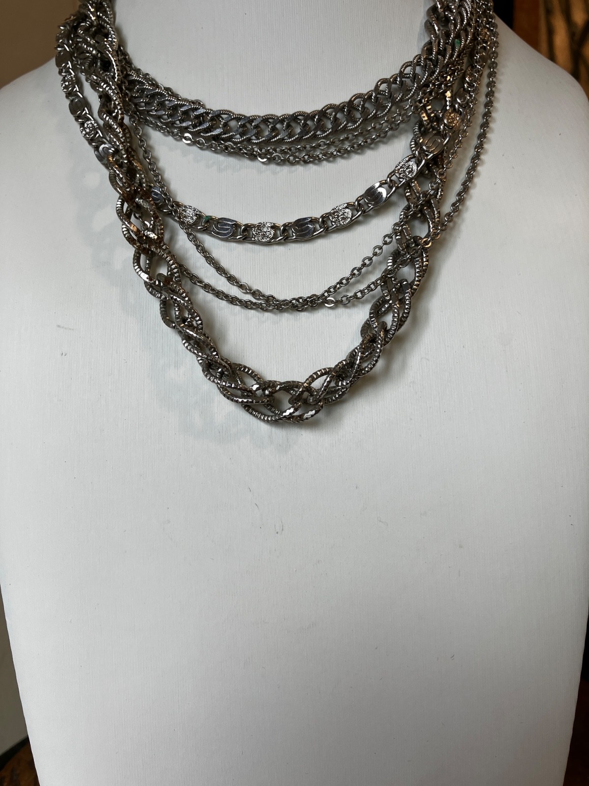VINTAGE MONET SILVER TONE 5 STRAND MULTI CHAIN NECKLACE 18\