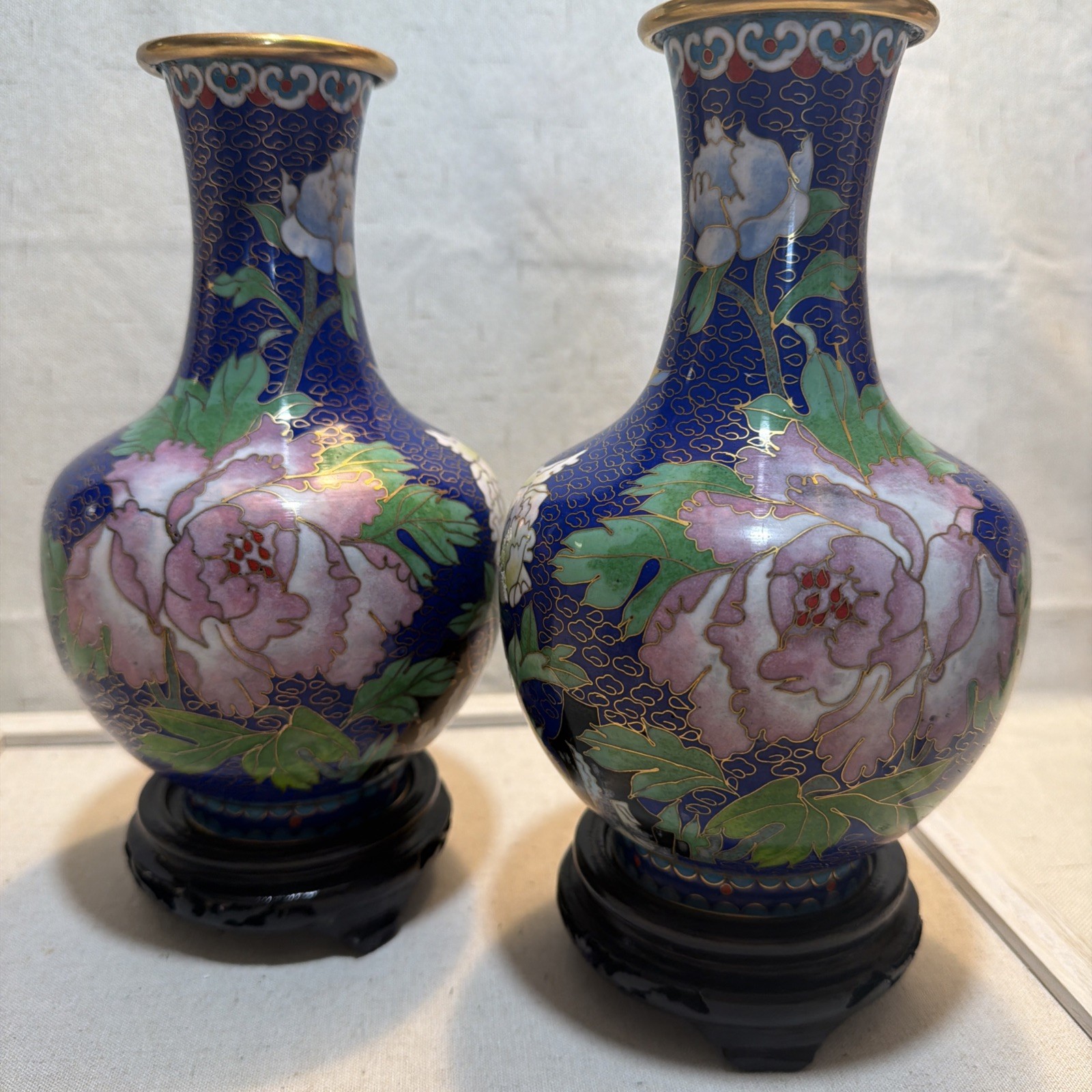 Stunning Set of 2 Cloisonne 1940s Chinese Vase Floral 8\