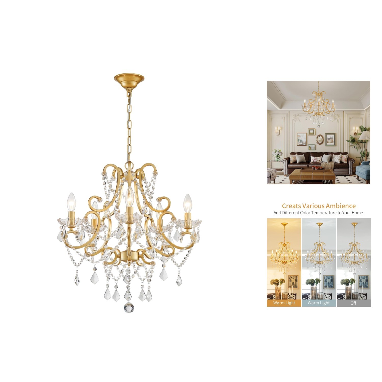Elegant Modern 5-Light Gold Chandelier - Ideal for Living Room & Dining Decor