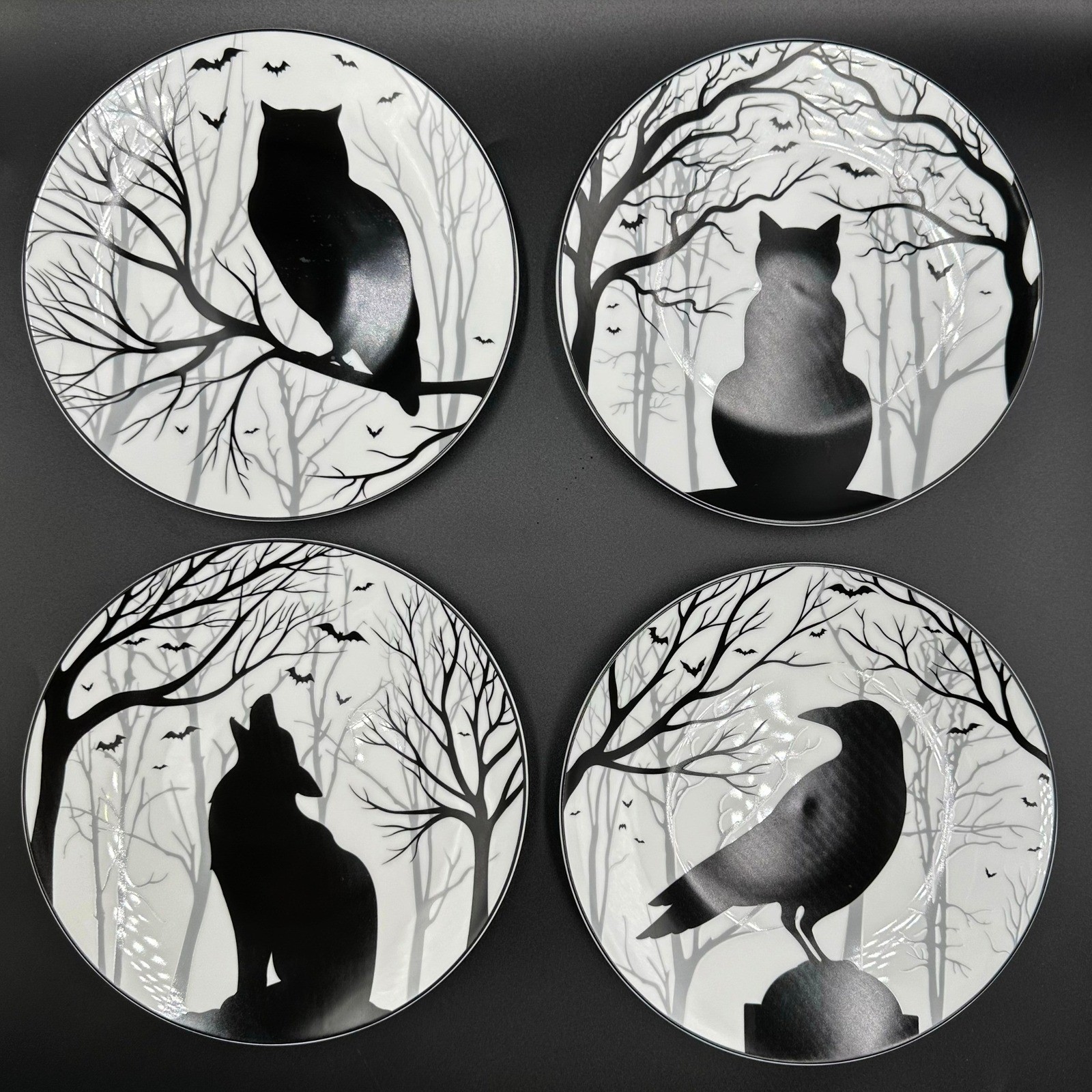 Lenox Haunted Woods 4 Piece Accent Plate Set 8in Open Box Halloween Raven Wolf