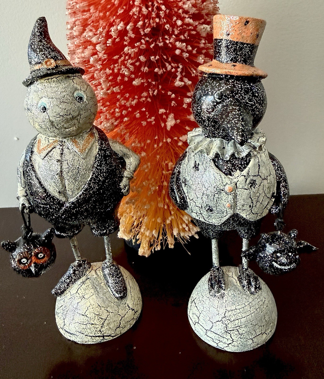 Vintage Folk Art 2 Bethany Lowe Style Halloween Figures Ghost Man And Crow 7”