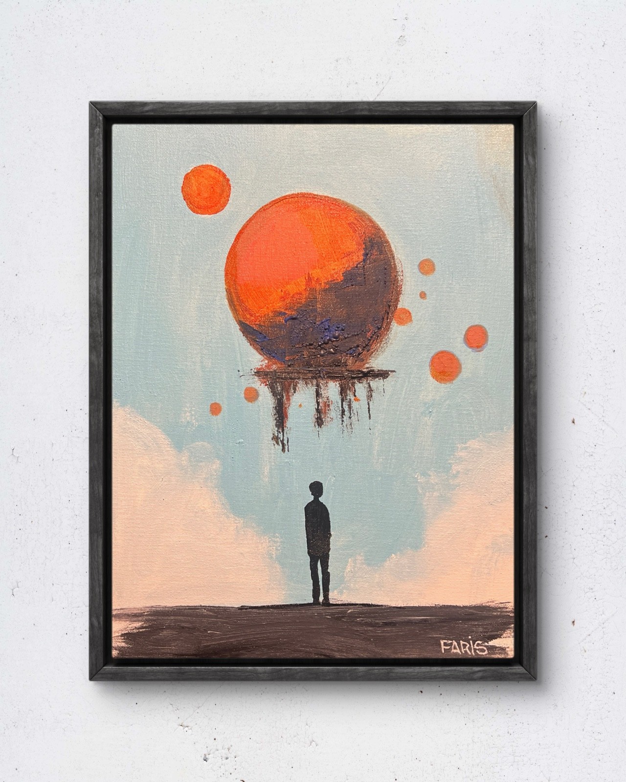 Faris Original 11x14 Modern Figure Floating Planet Painting Signed Canvas