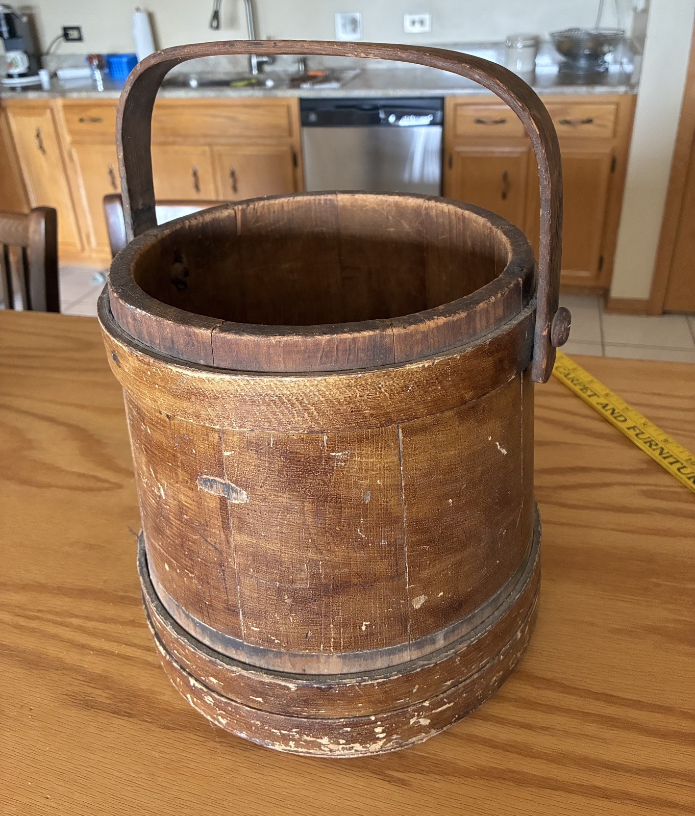 Antique 19thC Small Wooden Staved Bucket Open-Top Spalted Wood Swing Handle