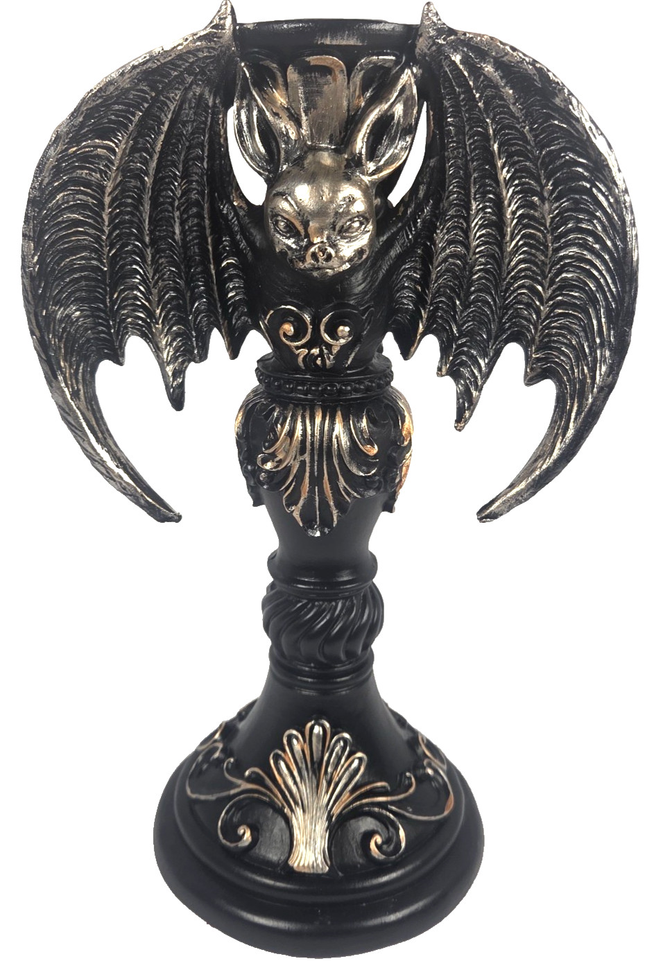 Gothic Winged Bat Candle Holder 10 Inch Black Gold Halloween Decor Pedestal