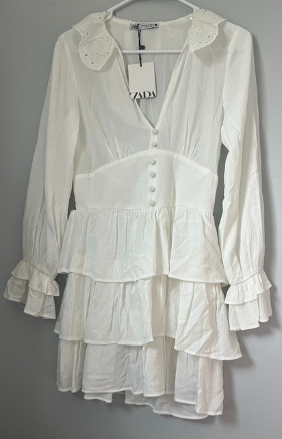 ZARA Embroidered Collar Dress XS Ivory Tiered Ruffle Mini Dress NWT