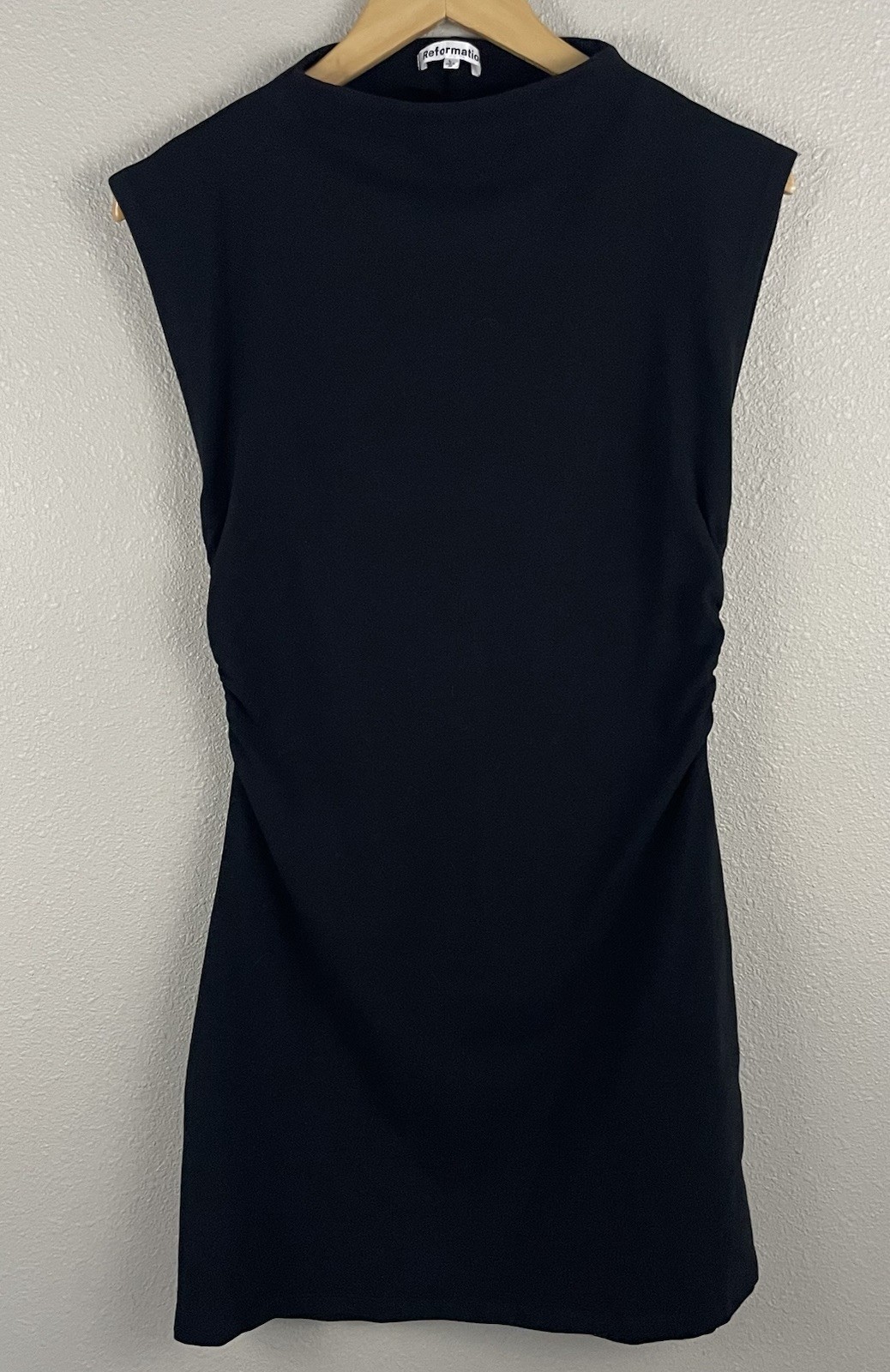 Reformation L Black Alden Mini Dress Mock Neck Side Ruching Fitted LBD Reformation L Black Alden Mini Dress Mock Neck Side Ruching Fitted LBD