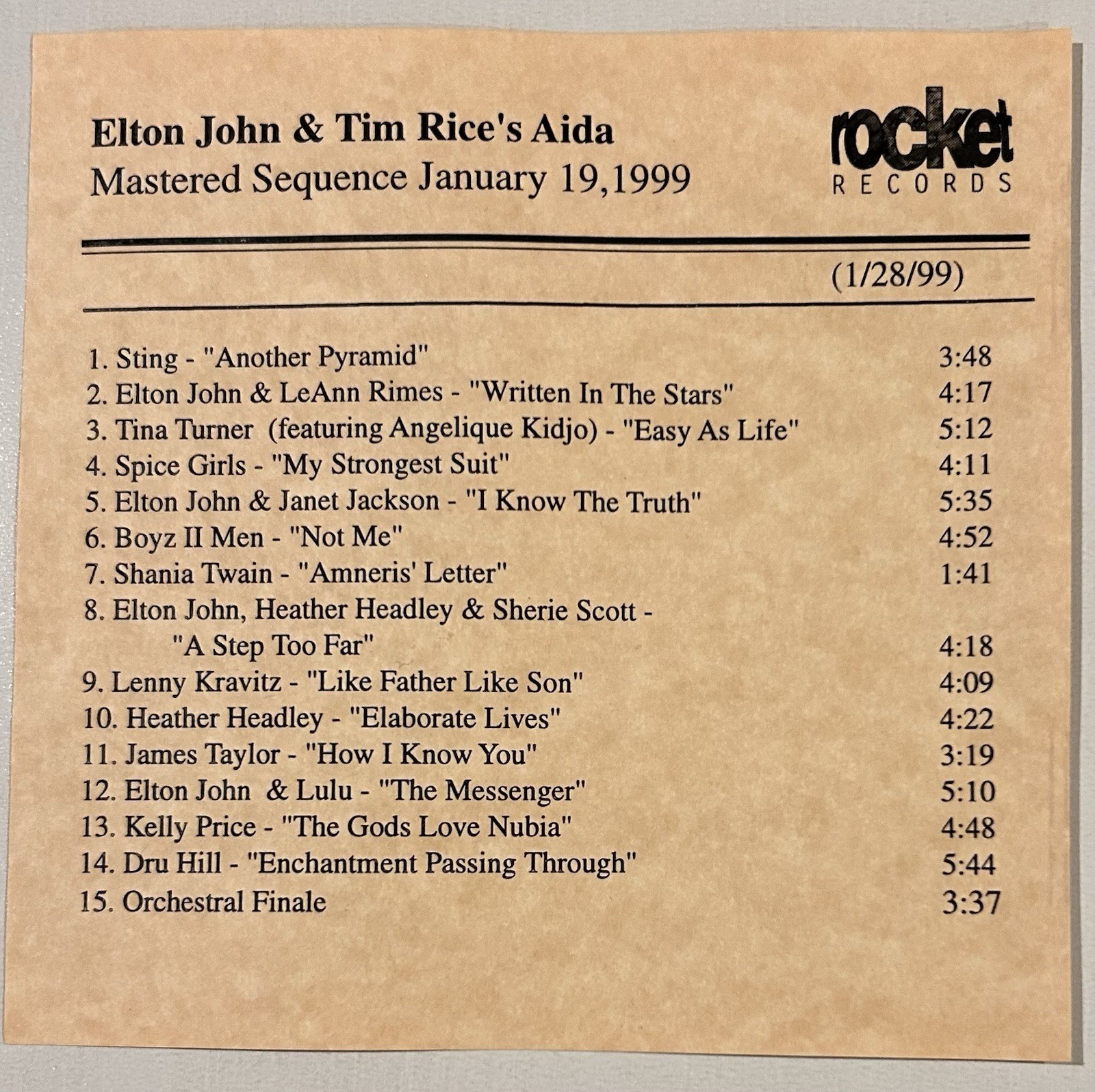 Elton John & Tim Rice AIDA US Promo CDr 1999 Mega rare Rocket Records 1/28/99