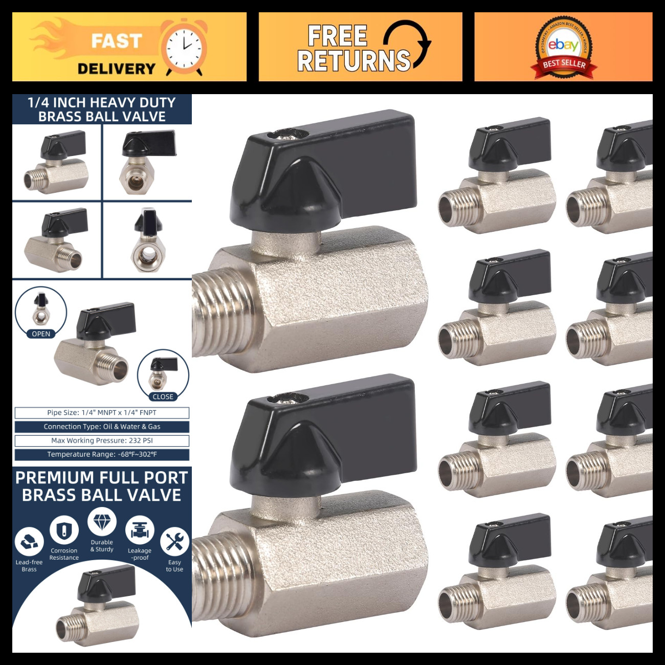 10 Pack Mini Brass Ball Valves 1/4\