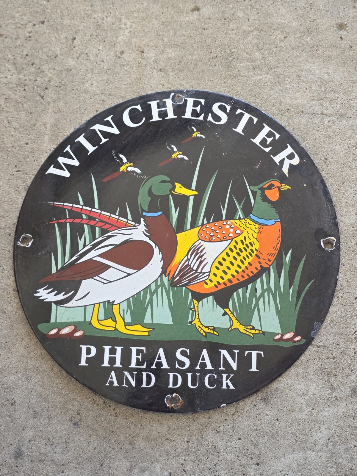  VINTAGE 1950\'S WINCHESTER PHEASANT AND DUCK PORCELAIN SIGN GUN AMMO 12\