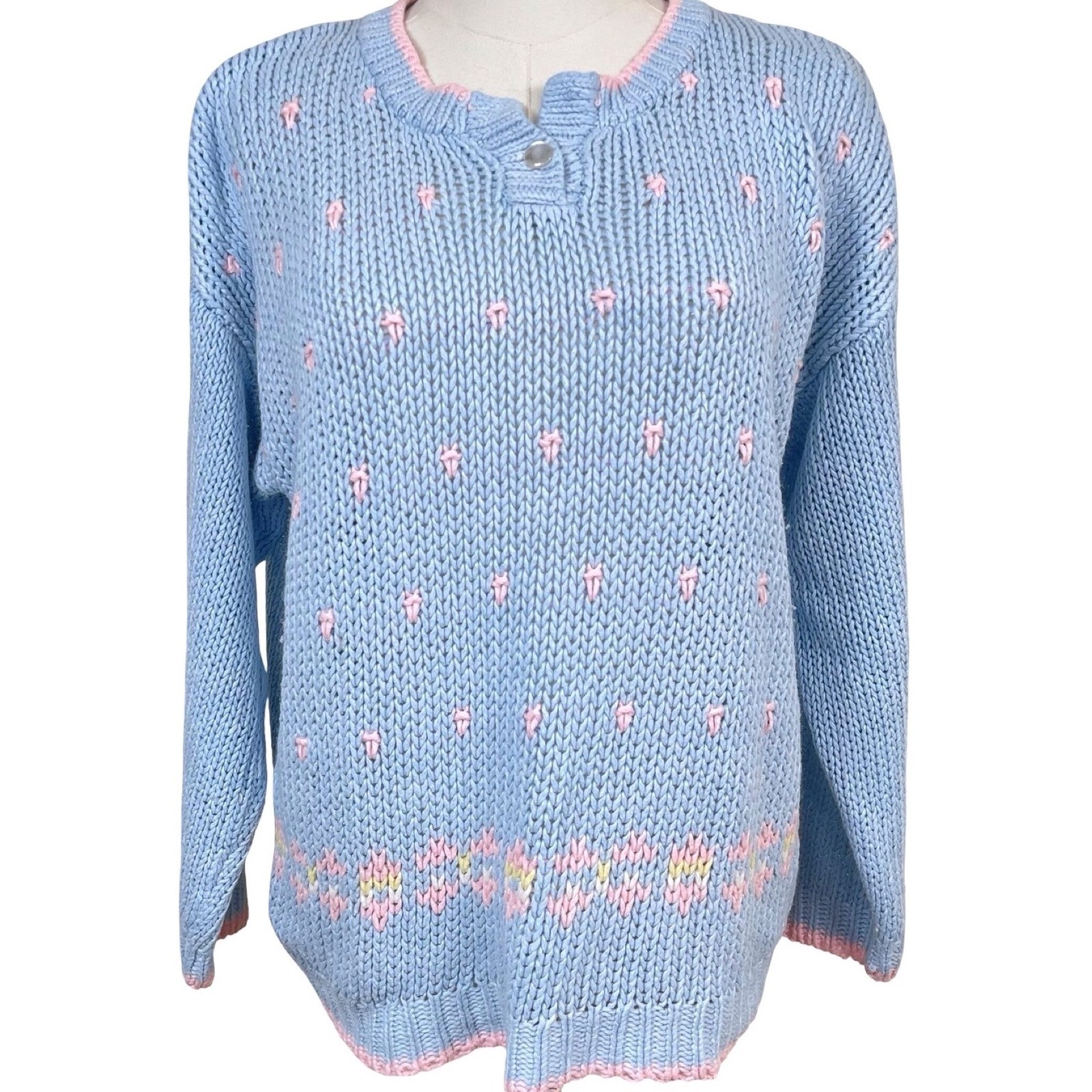 Vintage Item II Hand Knit Sweater Women M Blue Pink Embroidered Bow Ramie Kawaii