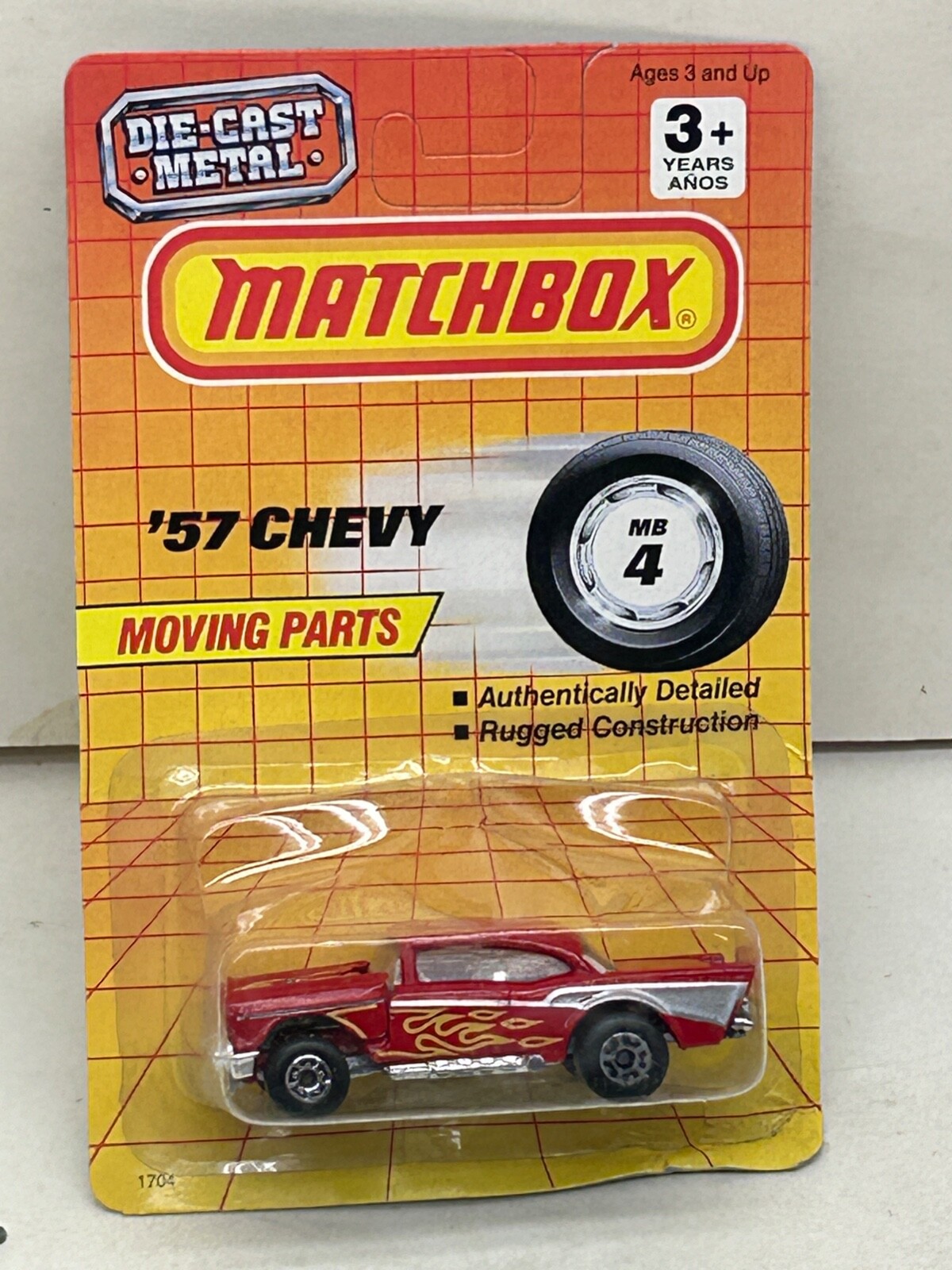 1992 MATCHBOX SUPERFAST 4 RED WITH FLAMES FLIP NOSE 57 CHEVY NEW ON DAMAGED CARD