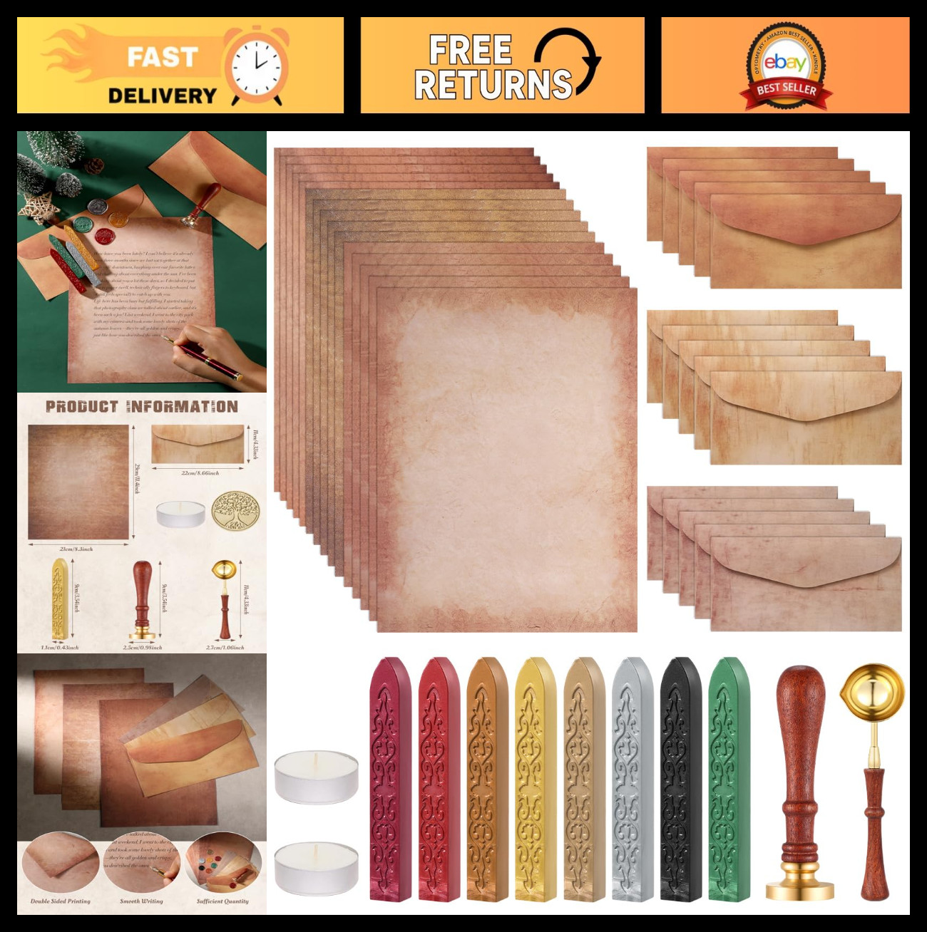 42Pcs Vintage Stationery Set - Paper, Envelopes, Wax Seals, Spoon & Candles for