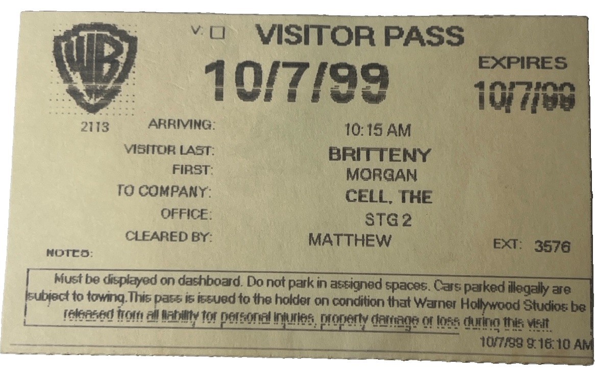 Original 1999 Warner Bros Visitor Pass Morgan Brittany The Cell Studio