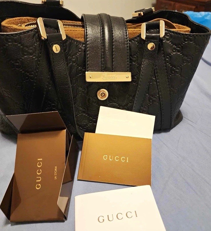 Gucci GG Pattern Black Satchel Top Handle Bag Gold Hardware Zip Inner Pockets Gucci GG Pattern Black Satchel Top Handle Bag Gold Hardware Zip Inner Pockets