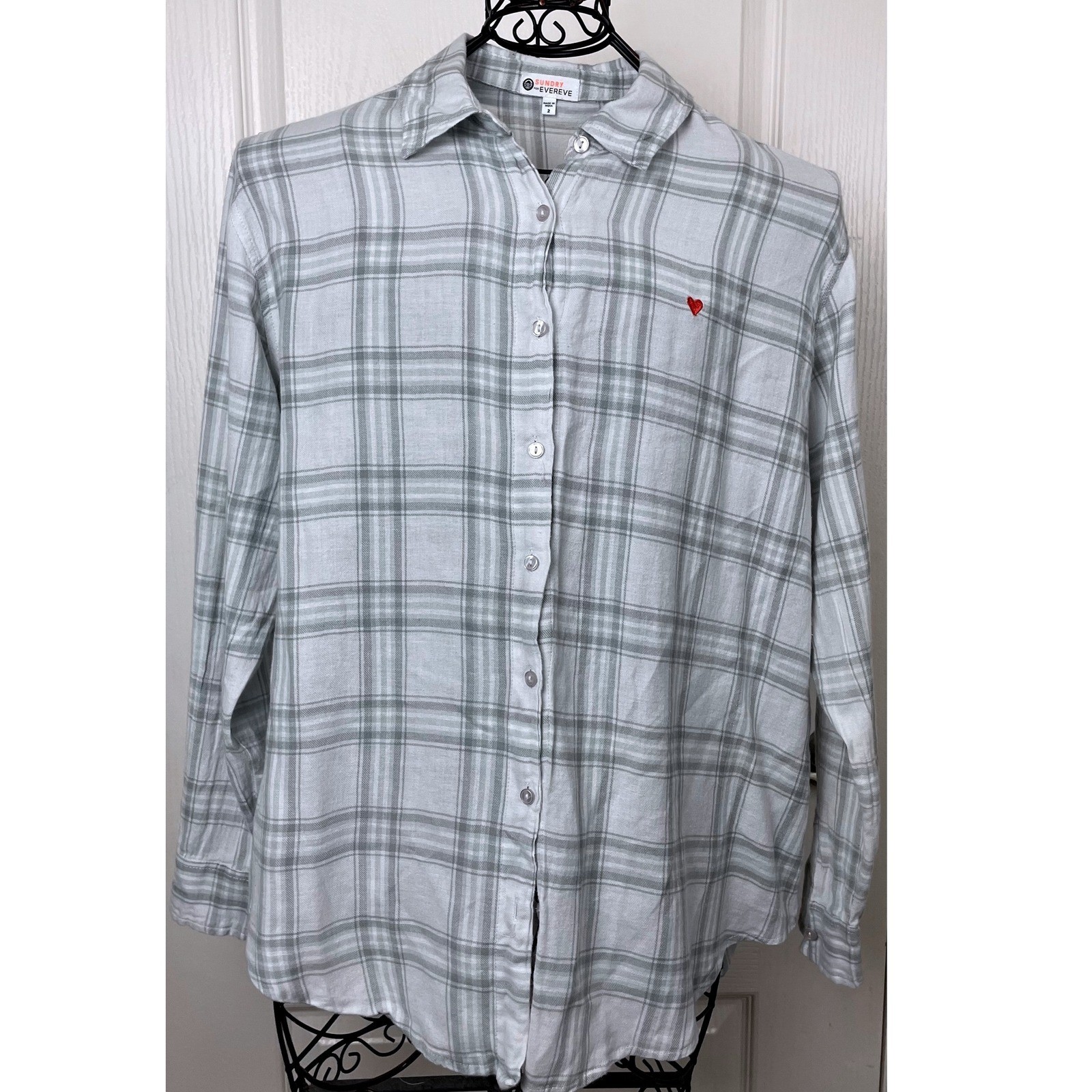 Sundry From Evereve / Anthropologie Grey White Plaid Button Down Top Sz 2 Medium