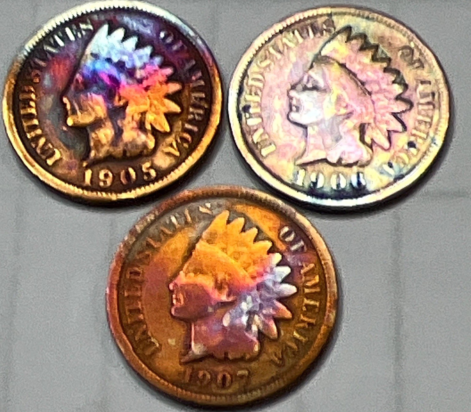 Indian Head Small Cents Lot of 3 (1906, 1905, 1907) P rainbow 🌈 toned lot1 XF Indian Head Small Cents Lot of 3 (1906, 1905, 1907) P rainbow 🌈 toned lot1 XF