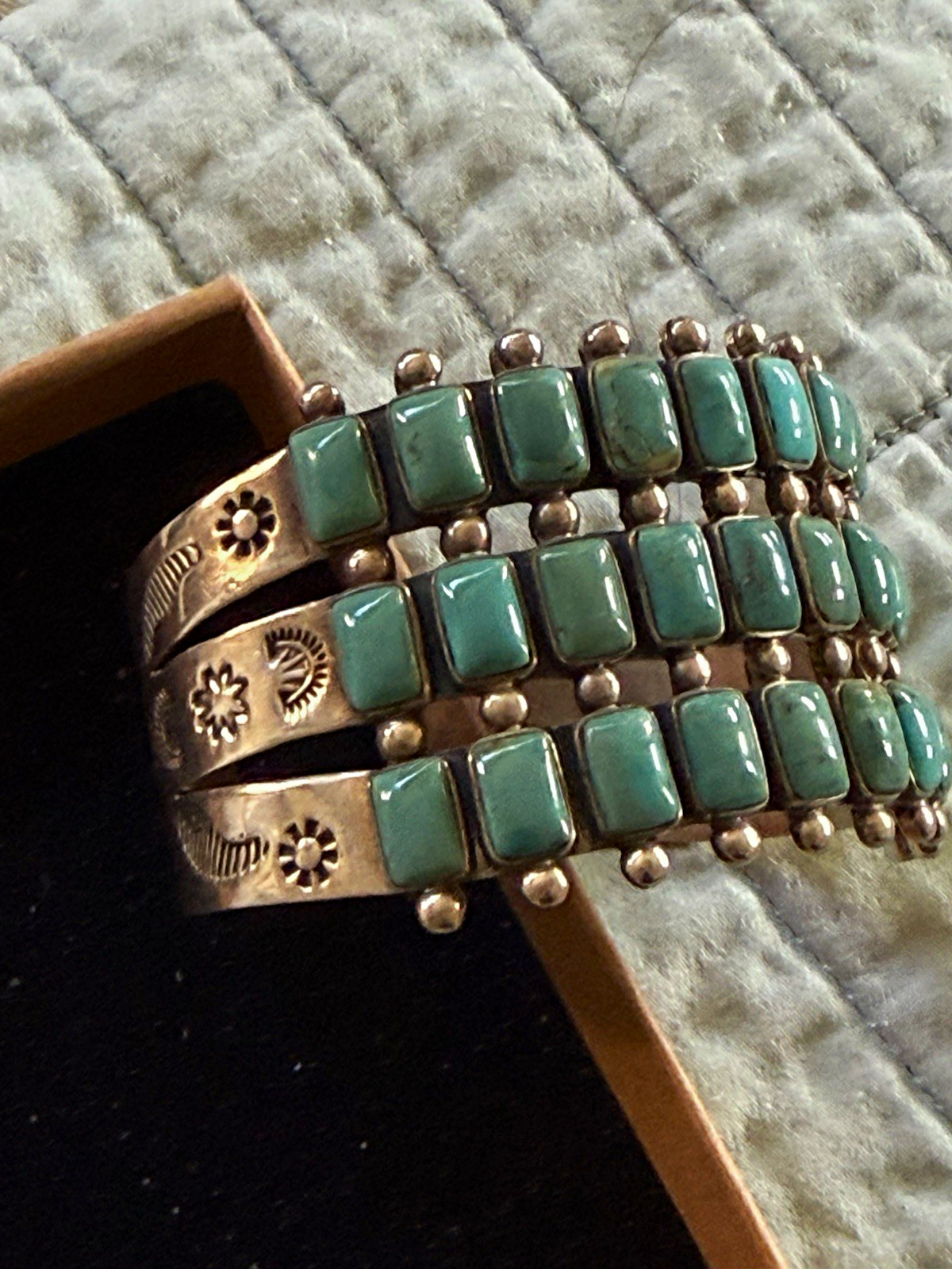 Sterling Silver Turquoise Multi-Row Cuff Bracelet Signed Native American Sterling Silver Turquoise Multi-Row Cuff Bracelet Signed Native American