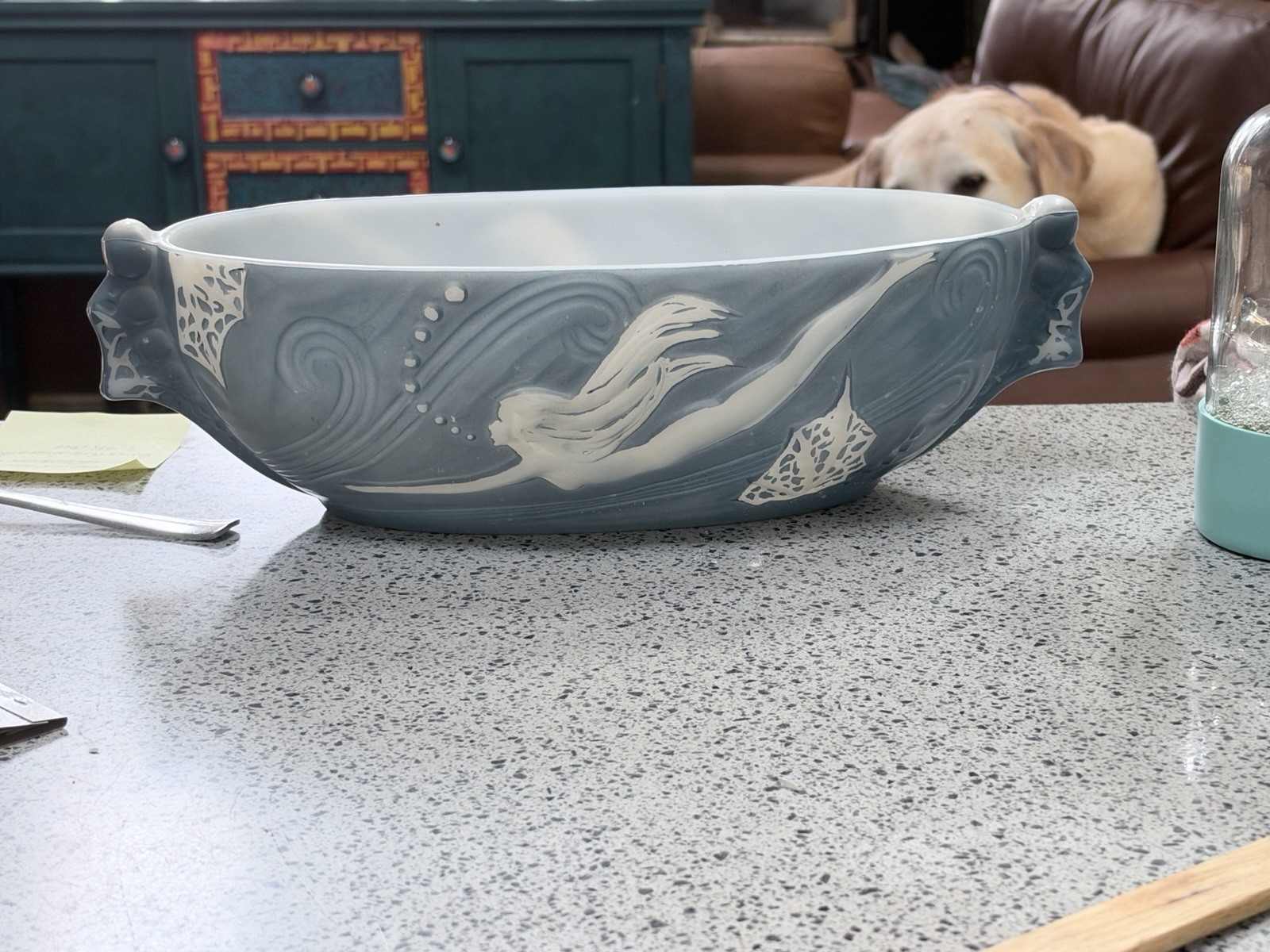 1930s Phoenix Glass Diving Girl Bowl—Blue/White Glass Art Deco W ORIGINAL LABEL