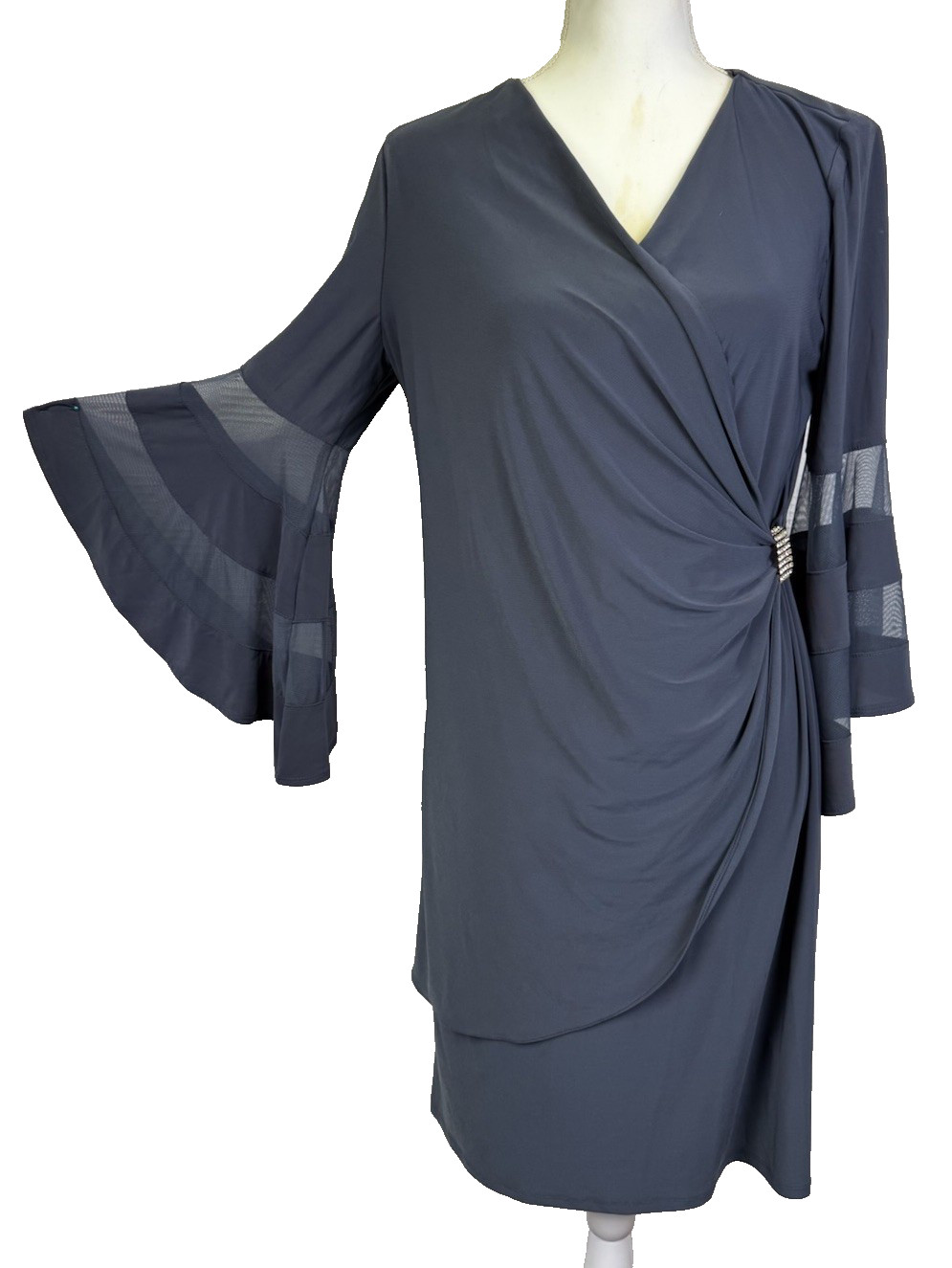 NWT R&M Richards Womens Size 12 Gray Blueish Embellished Faux Wrap Sheath Dress