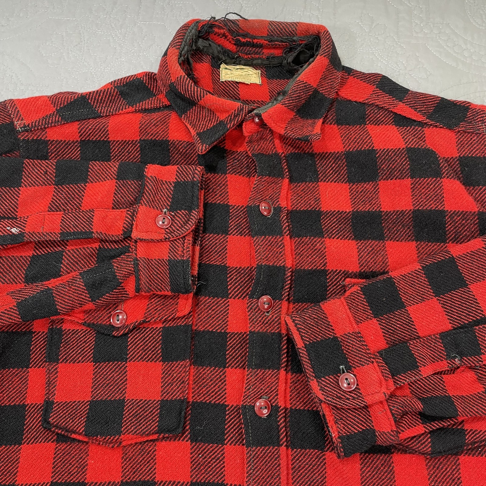 Vintage LL Bean Shirt Mens 17 Red Black Buffalo Plaid Flannel Wool Outdoors 60s
