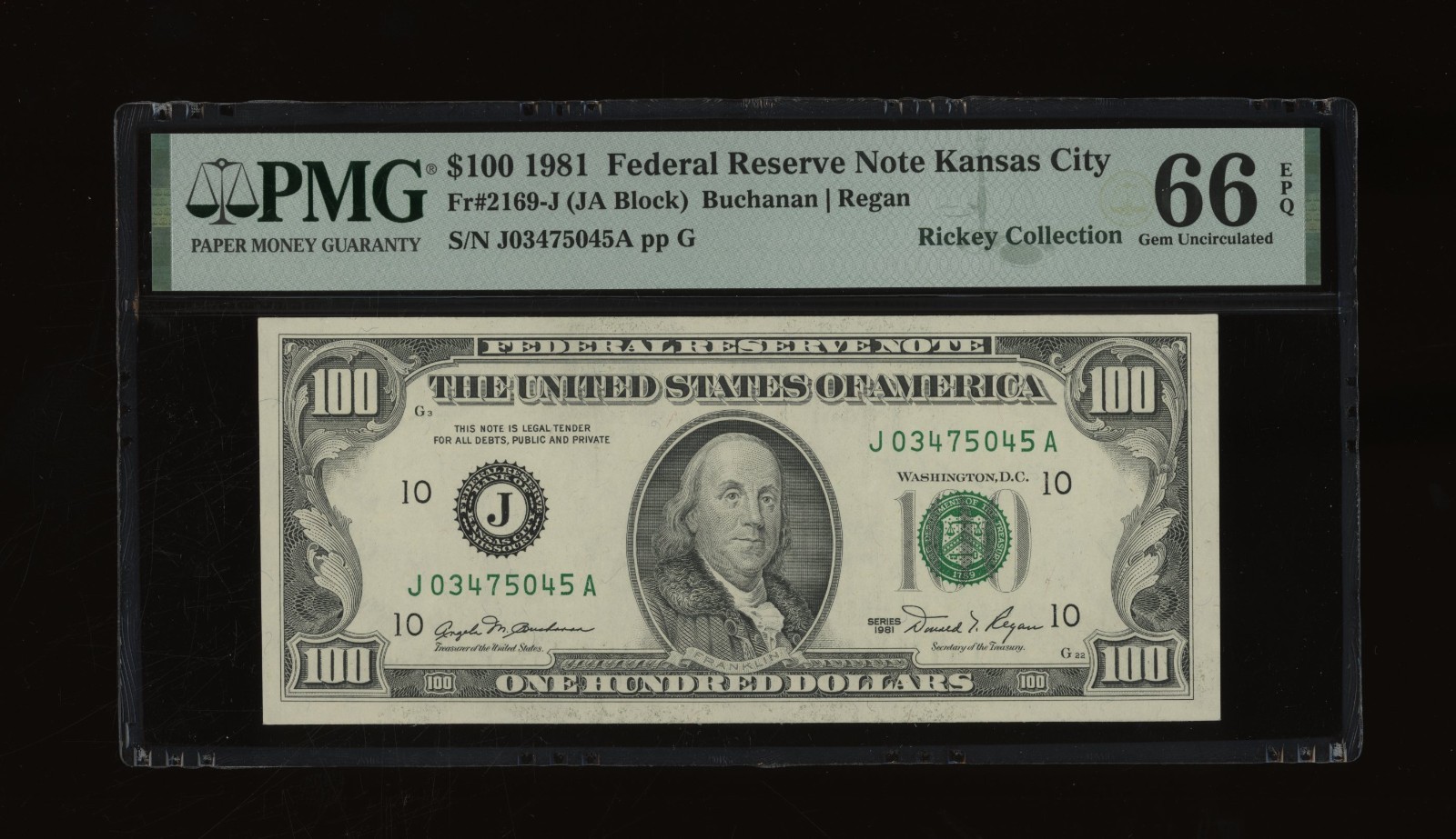 DBR 1981 $100 Kansas City Gem Fr. 2169-J PMG 66 EPQ Serial J03475045A