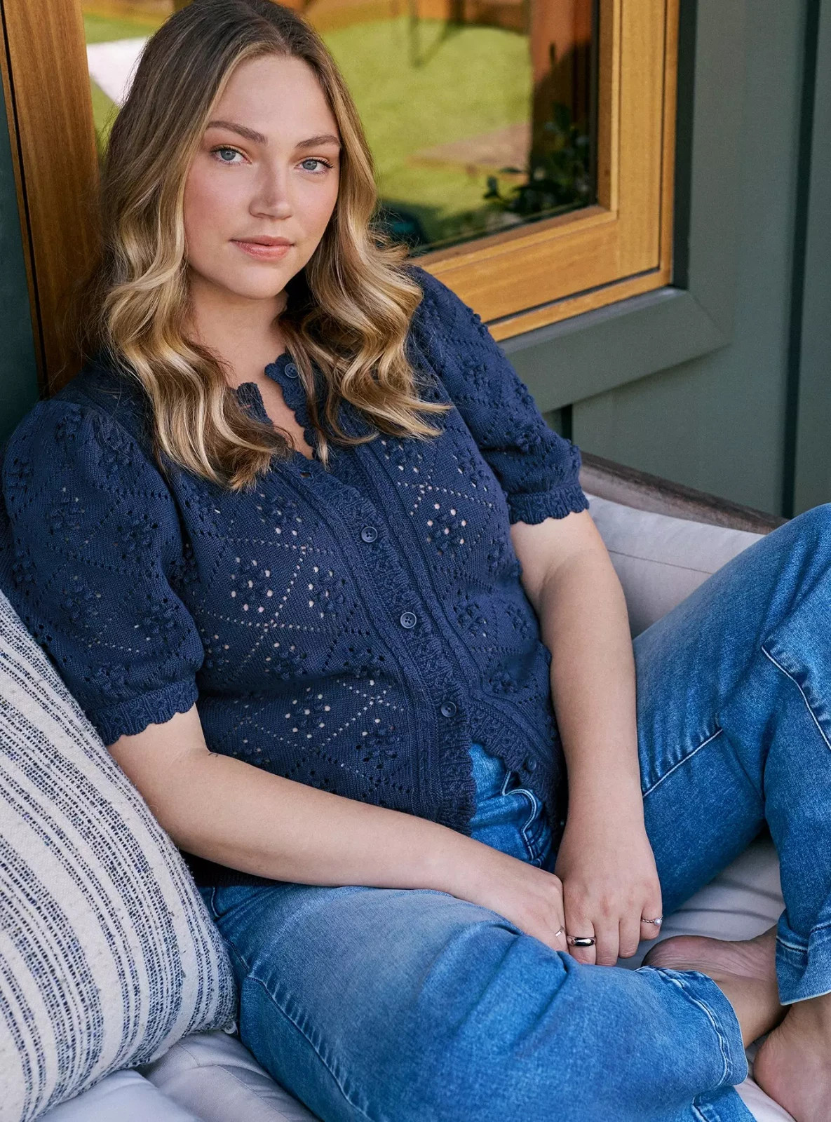 Torrid 2X Belle Isle Scallop Edge Cardigan Short Sleeve Sargasso Sea Navy NWT