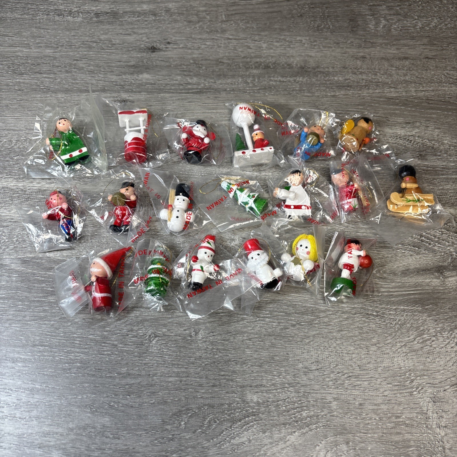 Vintage Made In Taiwan Wood Hand Made Painted Christmas Ornaments Bagged 1960s