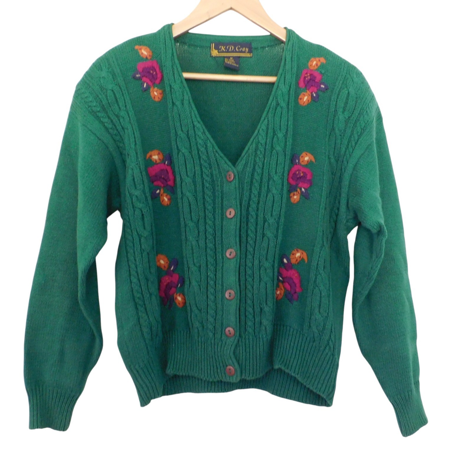 Vintage Womens Cable knit Cardigan Sweater Embroidered Flowers Cotton Sz Medium